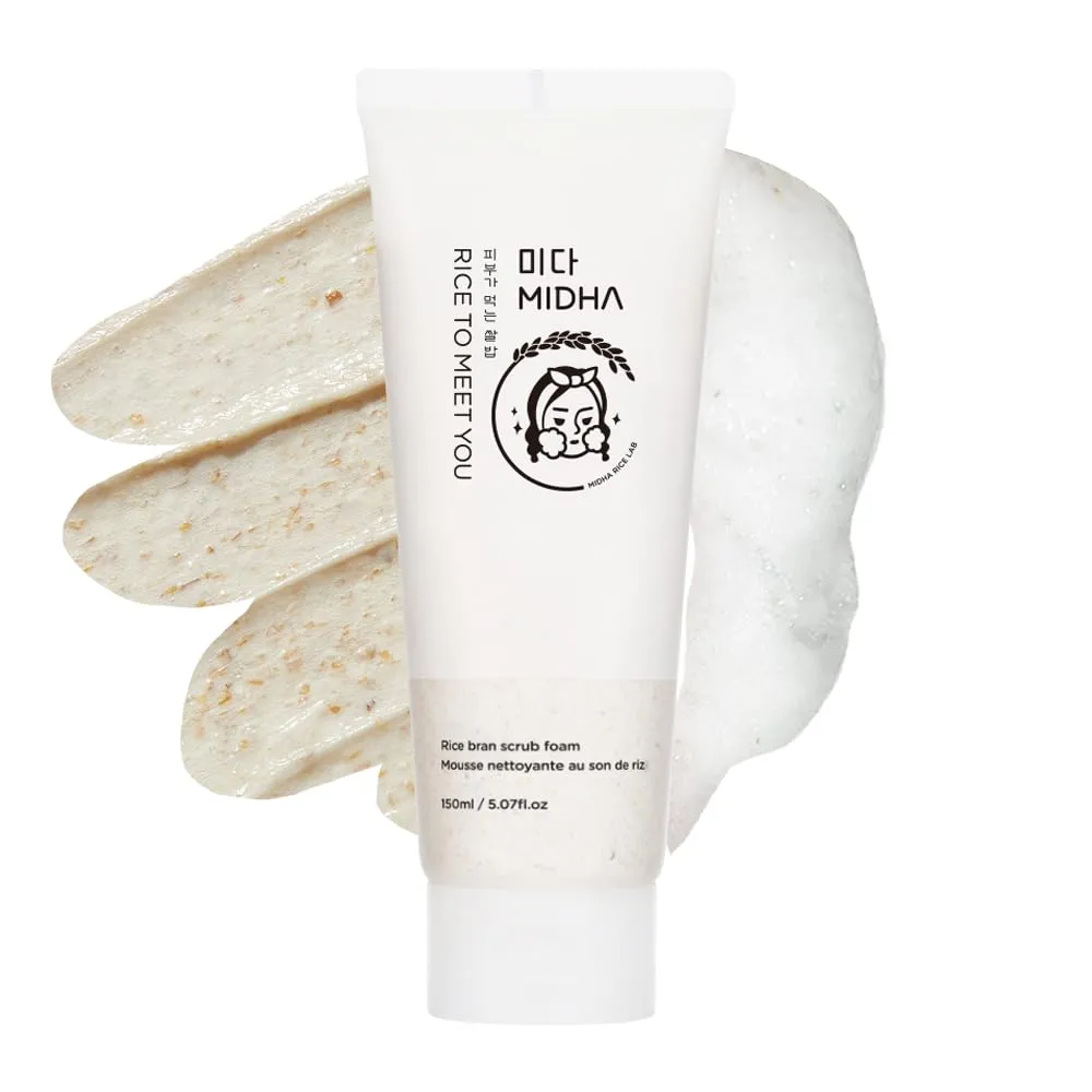 MIDHA RICE BRAN SCRUB FOAM 5.07fl.oz/150ml, Deep Cleansing, Pore-Purifying, Gentle Exfoliating – Soft Micro-Foam Face Wash with Balanced pH & Hydrating, Nourishing Care