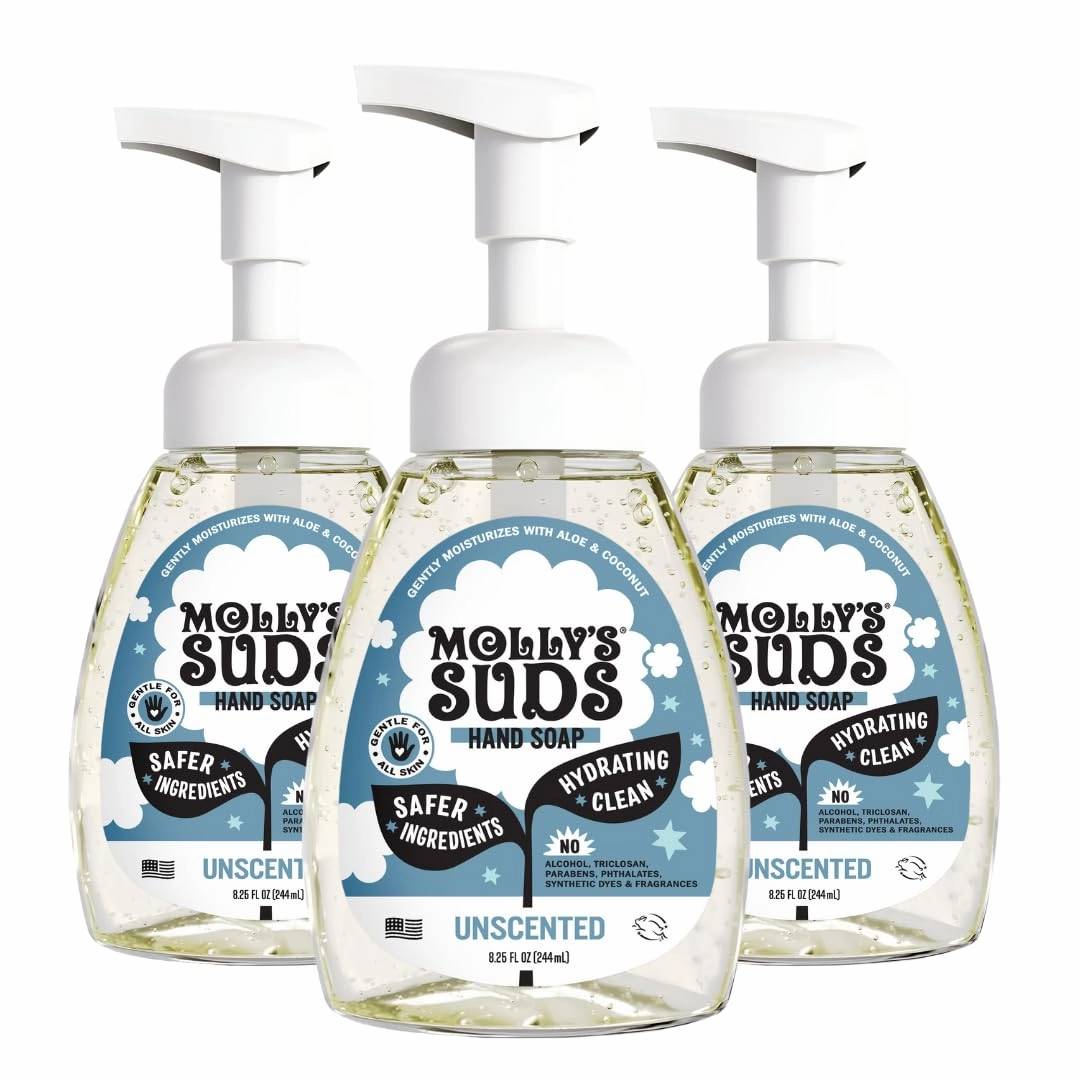 Molly's Suds Foaming Hand Soap - Made with Aloe and Coconut Oil | Moisturizing Hand Wash | Clean Ingredients, Infused with Essential Oils | Unscented - 8.25 Oz (Pack of 3)