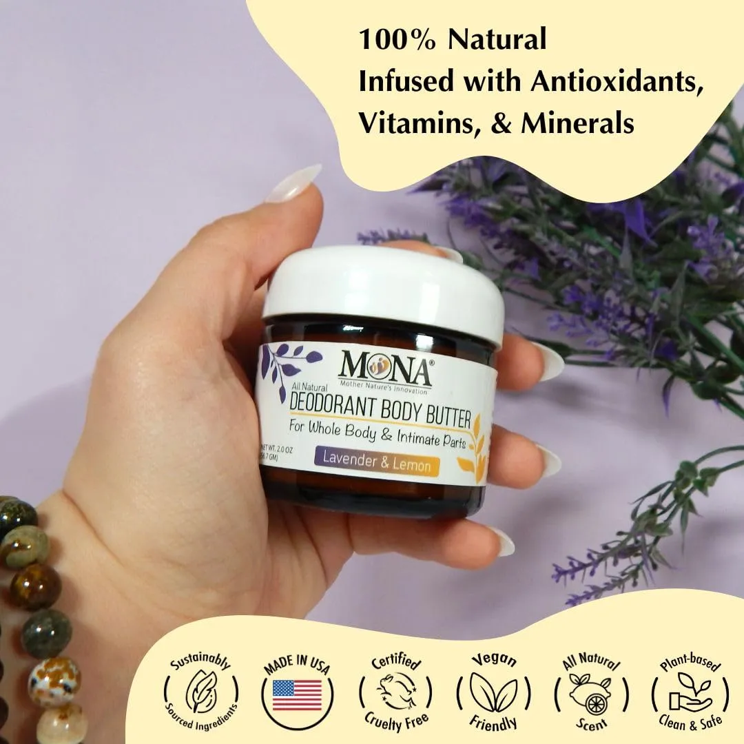 MONA BRANDS All Natural Deodorant Body Butter for Whole Body & Intimate Parts | Deodorant Cream for Women, Men, and Teens | Aluminum Free | Lavender & Lemon 2 oz