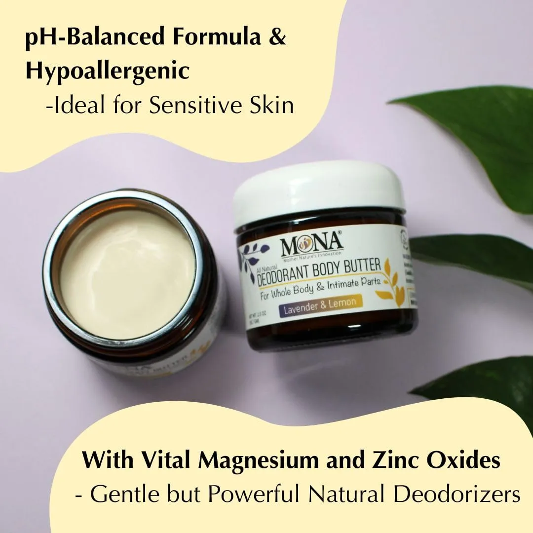 MONA BRANDS All Natural Deodorant Body Butter for Whole Body & Intimate Parts | Deodorant Cream for Women, Men, and Teens | Aluminum Free | Lavender & Lemon 2 oz