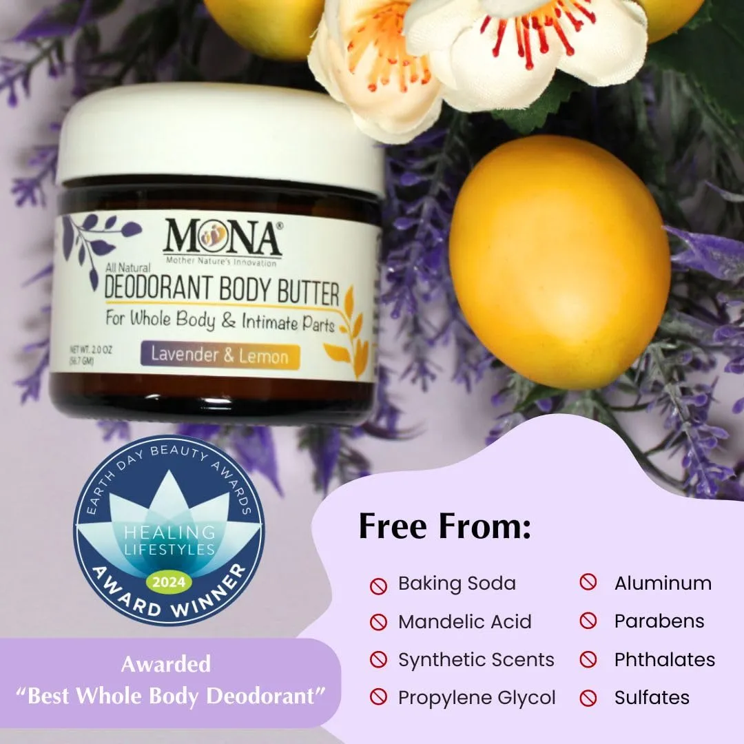 MONA BRANDS All Natural Deodorant Body Butter for Whole Body & Intimate Parts | Deodorant Cream for Women, Men, and Teens | Aluminum Free | Lavender & Lemon 2 oz