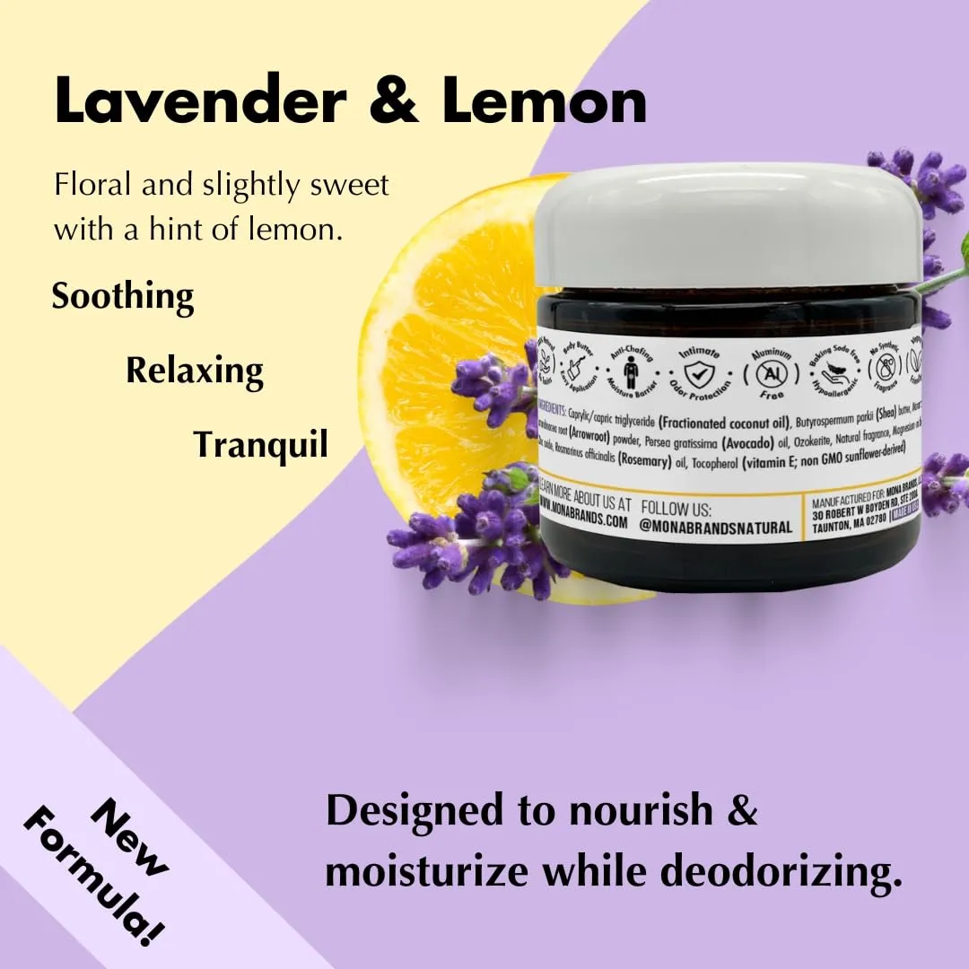 MONA BRANDS All Natural Deodorant Body Butter for Whole Body & Intimate Parts | Deodorant Cream for Women, Men, and Teens | Aluminum Free | Lavender & Lemon 2 oz