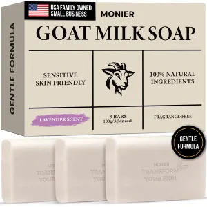 MONIER Goat Milk Soap Bar For Dry & Sensitive Skin - 100% Natural & Organic Skin Care - Enriched with Shea Butter - Use on Face, Body & Hands - For Men, Women, Kids & Baby (Lavender, 3 Pack)