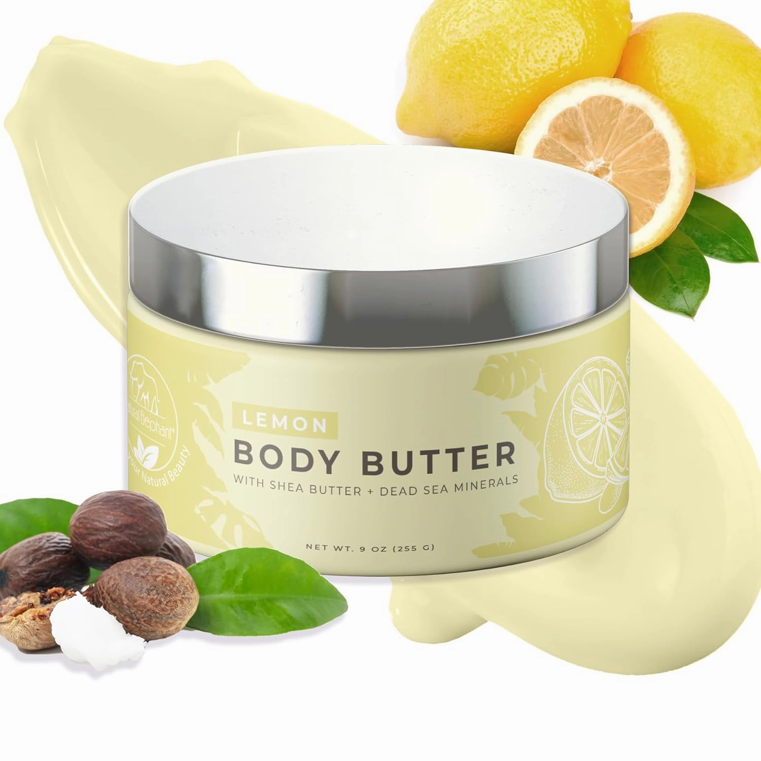 Natural Elephant Body Butter with Shea Butter, Dead Sea Minerals & Vitamin E - Luxurious Moisturizer, Hydrating Cream, Cruelty-Free, Paraben-Free, 9 oz (Lemon)