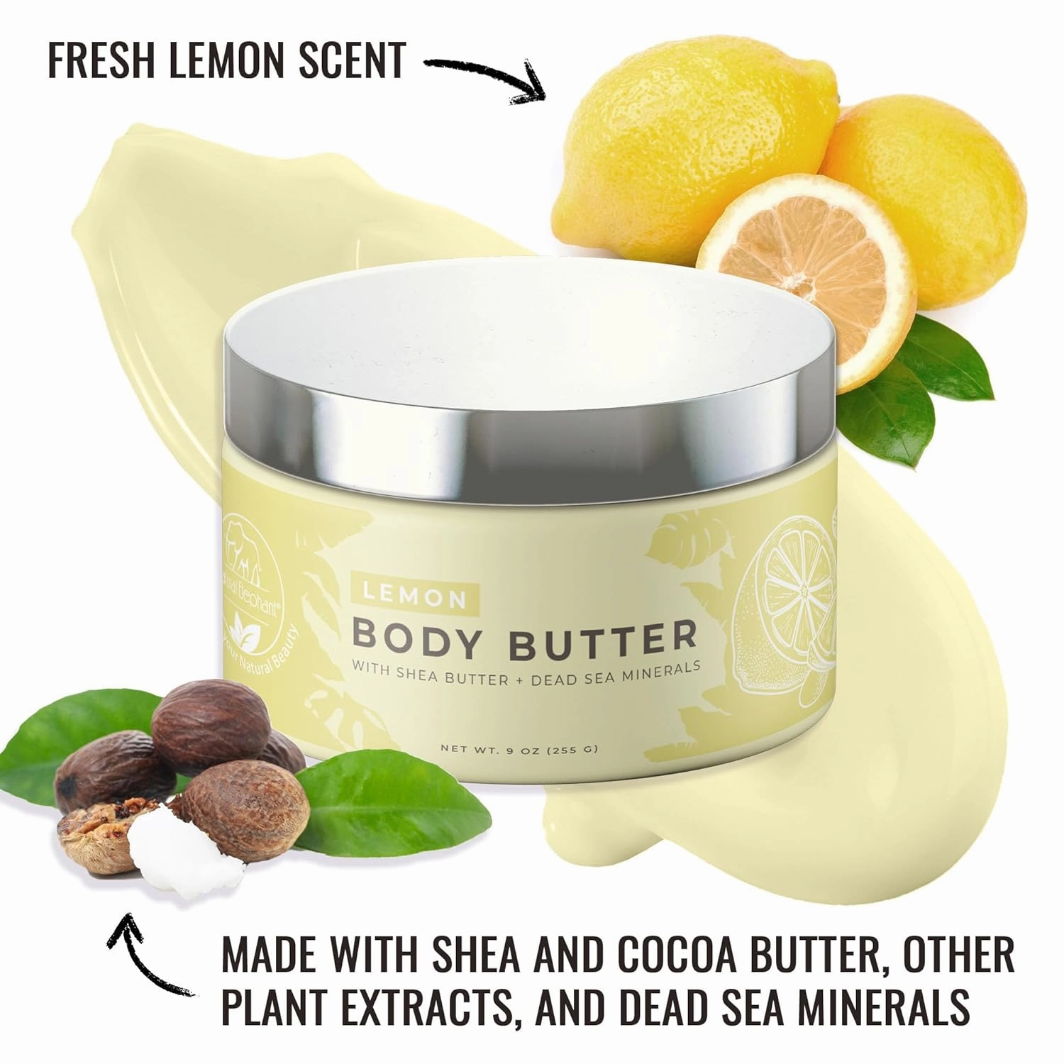 Natural Elephant Body Butter with Shea Butter, Dead Sea Minerals & Vitamin E - Luxurious Moisturizer, Hydrating Cream, Cruelty-Free, Paraben-Free, 9 oz (Lemon)
