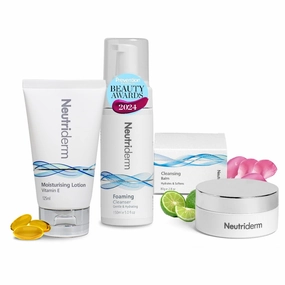 NEUTRIDERM Moisturizing Lotion   Foaming Cleanser   Cleansing Balm Makeup Remover Skincare Routine Bundle For Hydrated, Clean, and Radiant Skin – For All Skin Types