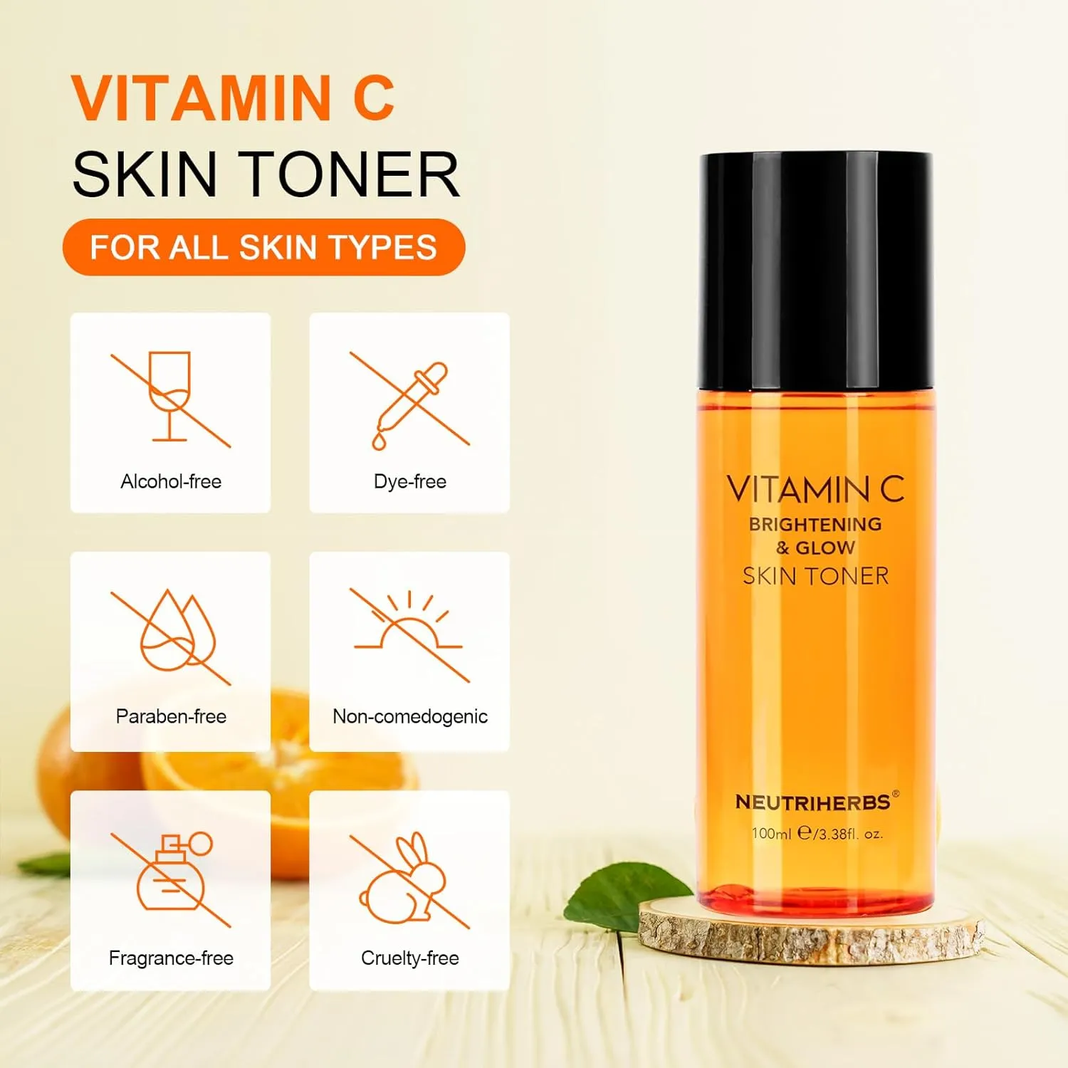 Neutriherbs Vitamin C Toner for Face Alcohol Free Facial Toner with Aloe Vera Witch Hazel Extract Hyaluronic Acid Moisturizing and Smoothing Skin 100ml e/3.38fl. oz.
