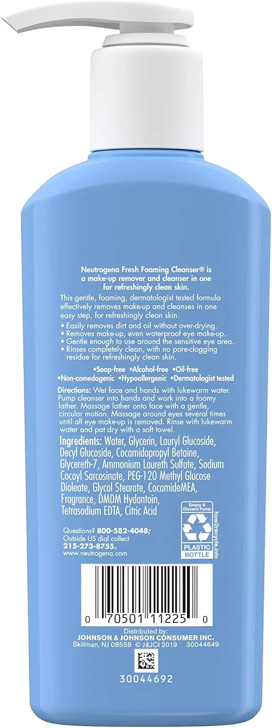 Neutrogena Fresh Foaming Gentle Daily Facial Cleanser & Makeup Remover, Oil-, Soap- & Alcohol-Free, Removes Dirt, Oil & Waterproof Makeup, Non-Comedogenic & Hypoallergenic, 9.6 fl. oz