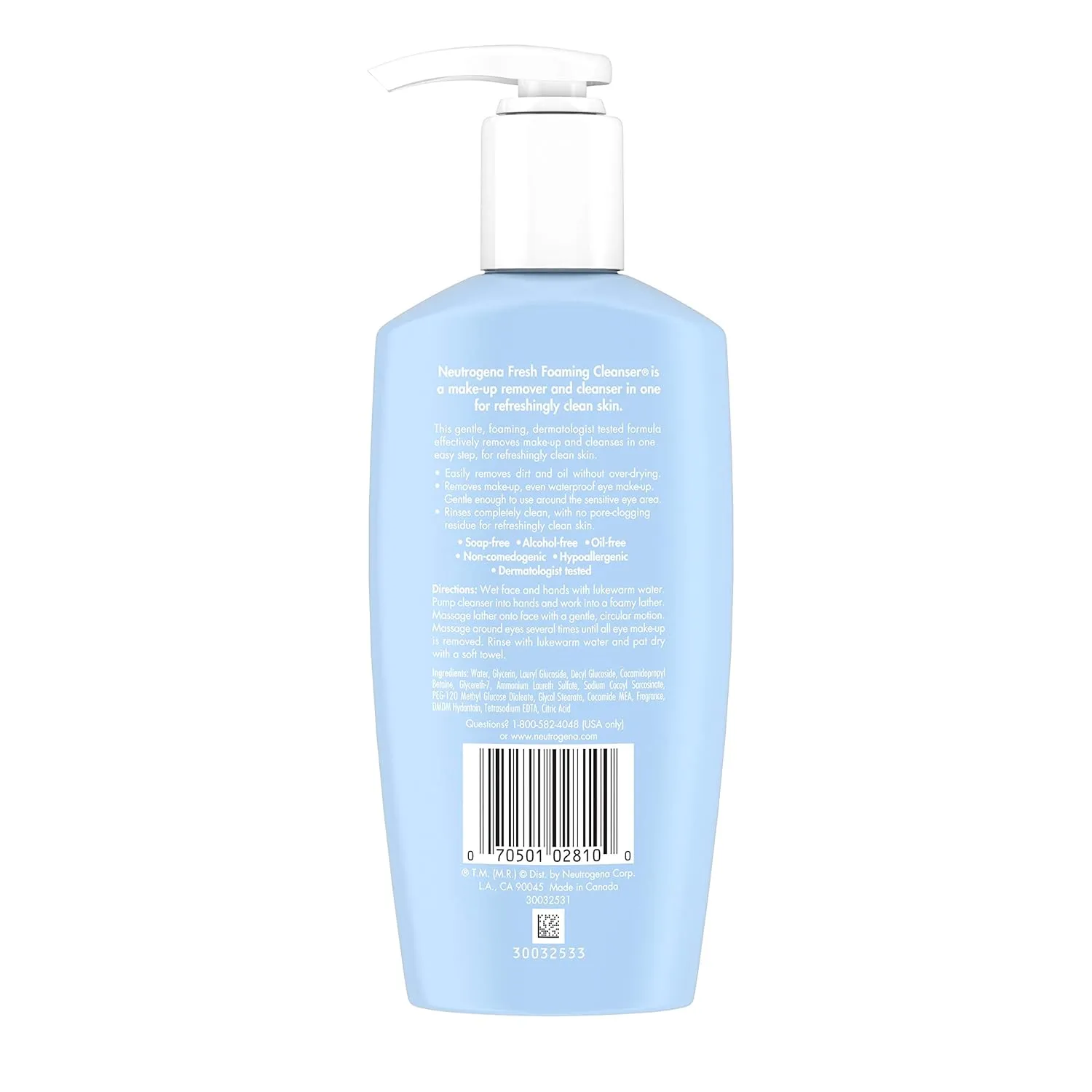 Neutrogena Fresh Foaming Gentle Daily Facial Cleanser & Makeup Remover, Soap Free, Removes Dirt, Oil & Waterproof Makeup, Non-Comedogenic & Hypoallergenic, 6.7 fl. oz