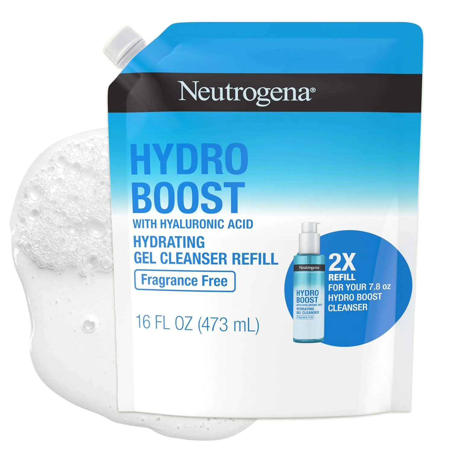 Neutrogena Hydro Boost Fragrance Free Hydrating Gel Facial Cleanser with Hyaluronic Acid, Daily Foaming Face Wash & Makeup Remover, Gentle Face Wash, Non-Comedogenic, Refill Pouch, 16 fl. oz