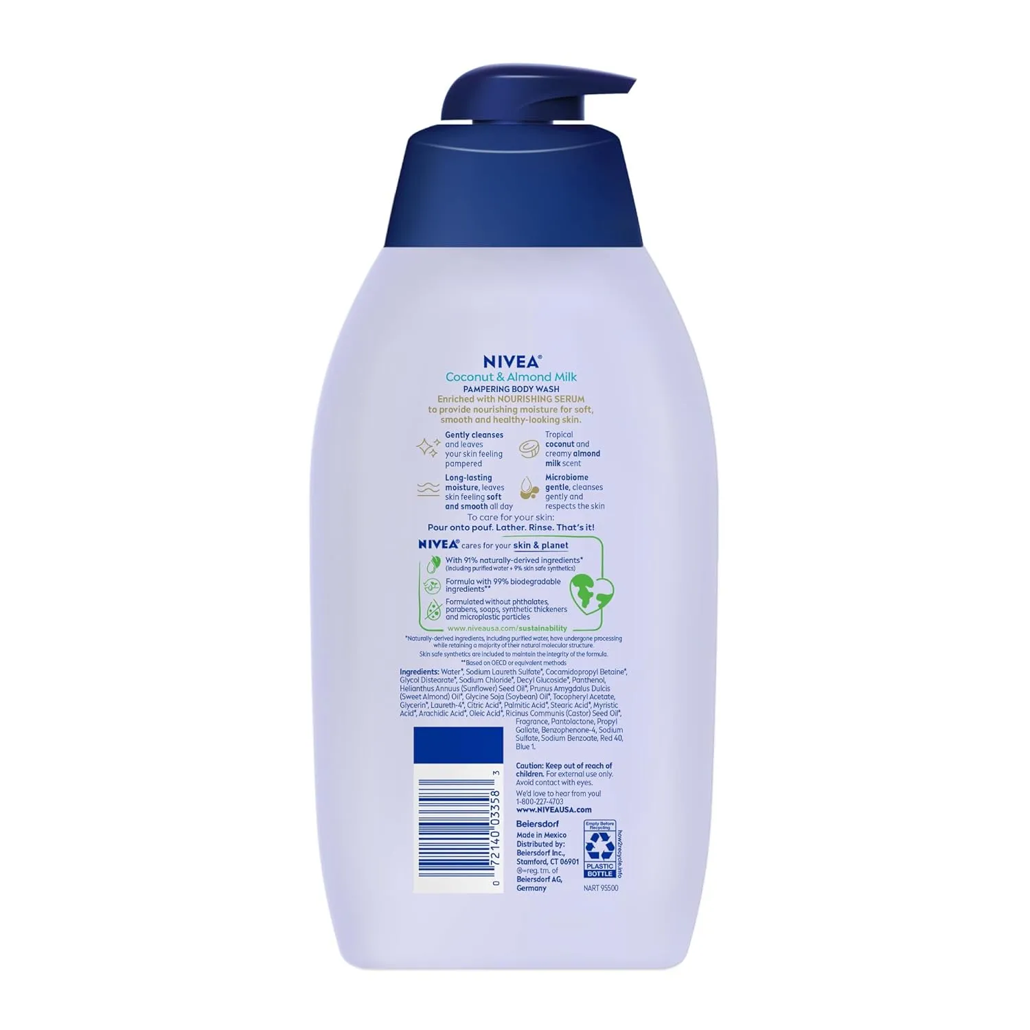 NIVEA Pampering Coconut and Almond Milk Body Wash with Nourishing Serum, Moisturizing Body Wash for Women, Enriched with Provitamin B5 and Vitamin E, 20 Fl Oz Bottle, 3 Pack