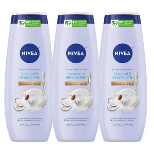 NIVEA Pampering Coconut and Almond Milk Body Wash with Nourishing Serum, Moisturizing Body Wash for Women, Enriched with Provitamin B5 and Vitamin E, 20 Fl Oz Bottle, 3 Pack