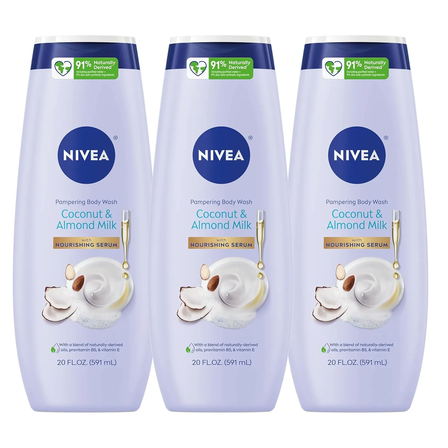 NIVEA Pampering Coconut and Almond Milk Body Wash with Nourishing Serum, Moisturizing Body Wash for Women, Enriched with Provitamin B5 and Vitamin E, 20 Fl Oz Bottle, 3 Pack