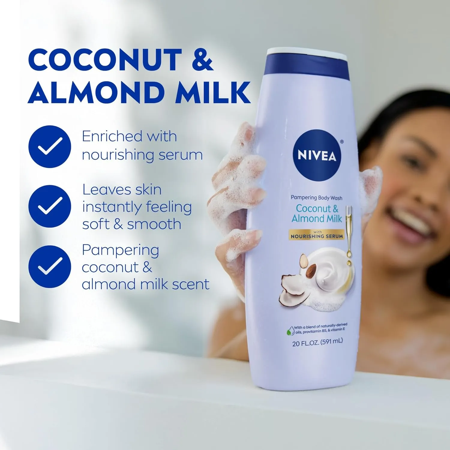 NIVEA Pampering Coconut and Almond Milk Body Wash with Nourishing Serum, Moisturizing Body Wash for Women, Enriched with Provitamin B5 and Vitamin E, 20 Fl Oz Bottle, 3 Pack