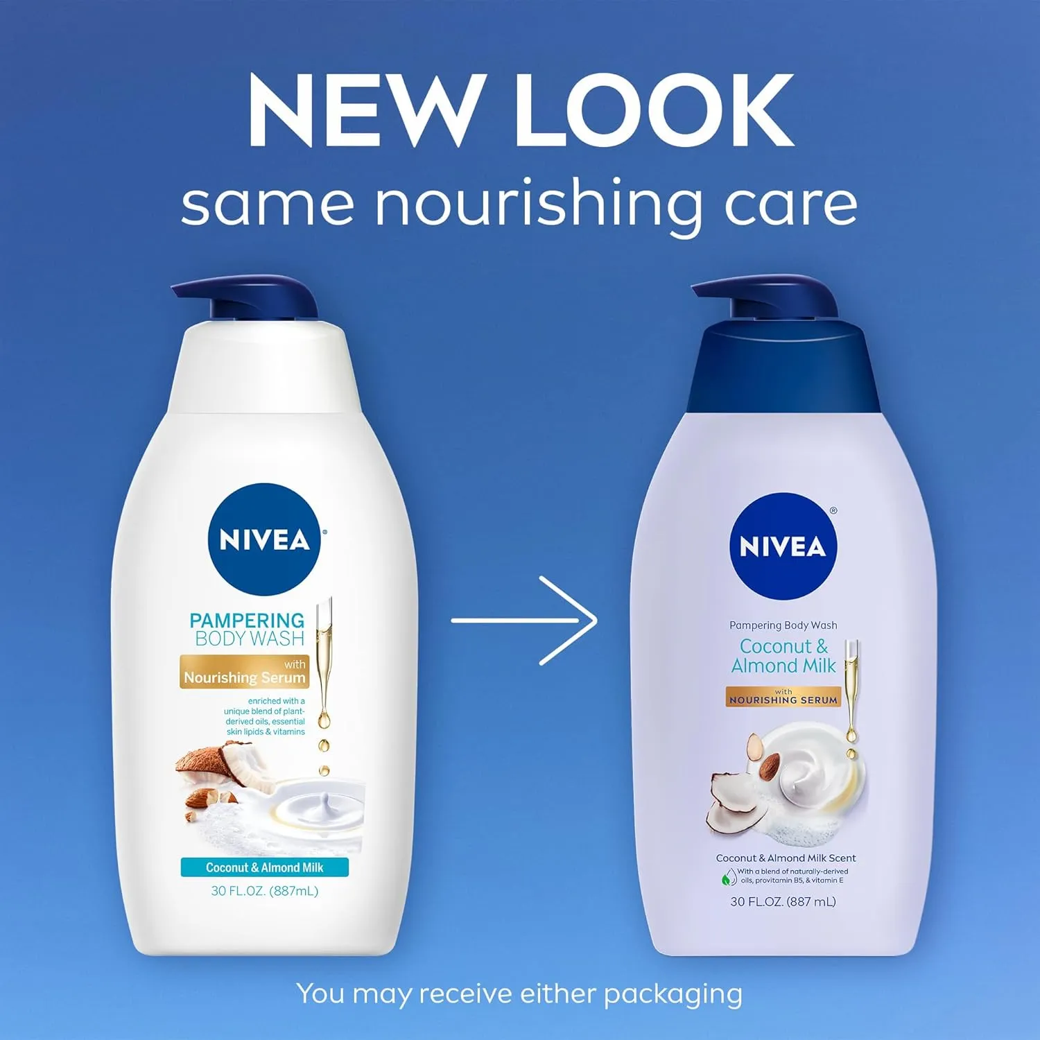 NIVEA Pampering Coconut and Almond Milk Body Wash with Nourishing Serum, Moisturizing Body Wash for Women, Enriched with Provitamin B5 and Vitamin E, 20 Fl Oz Bottle, 3 Pack