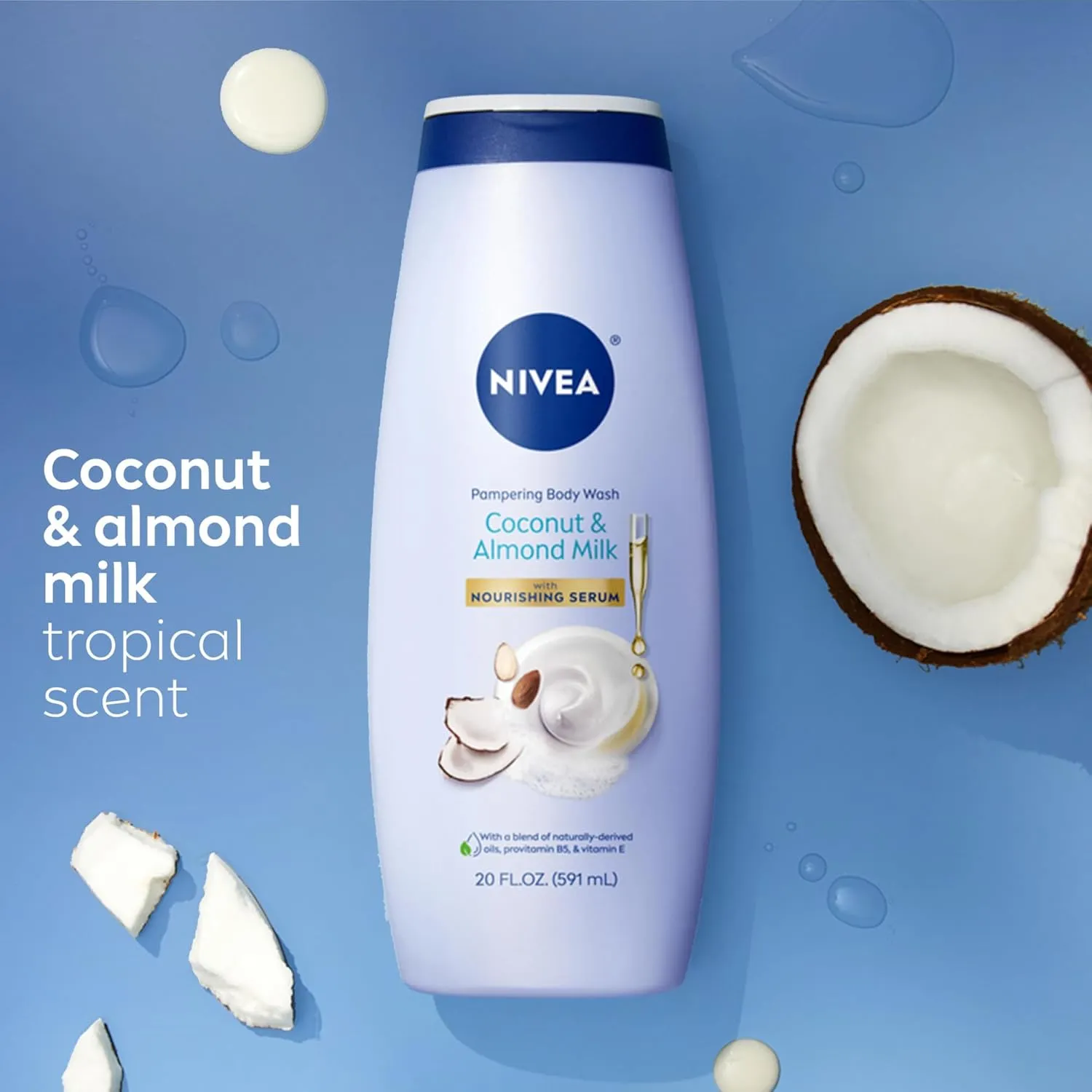NIVEA Pampering Coconut and Almond Milk Body Wash with Nourishing Serum, Moisturizing Body Wash for Women, Enriched with Provitamin B5 and Vitamin E, 20 Fl Oz Bottle, 3 Pack