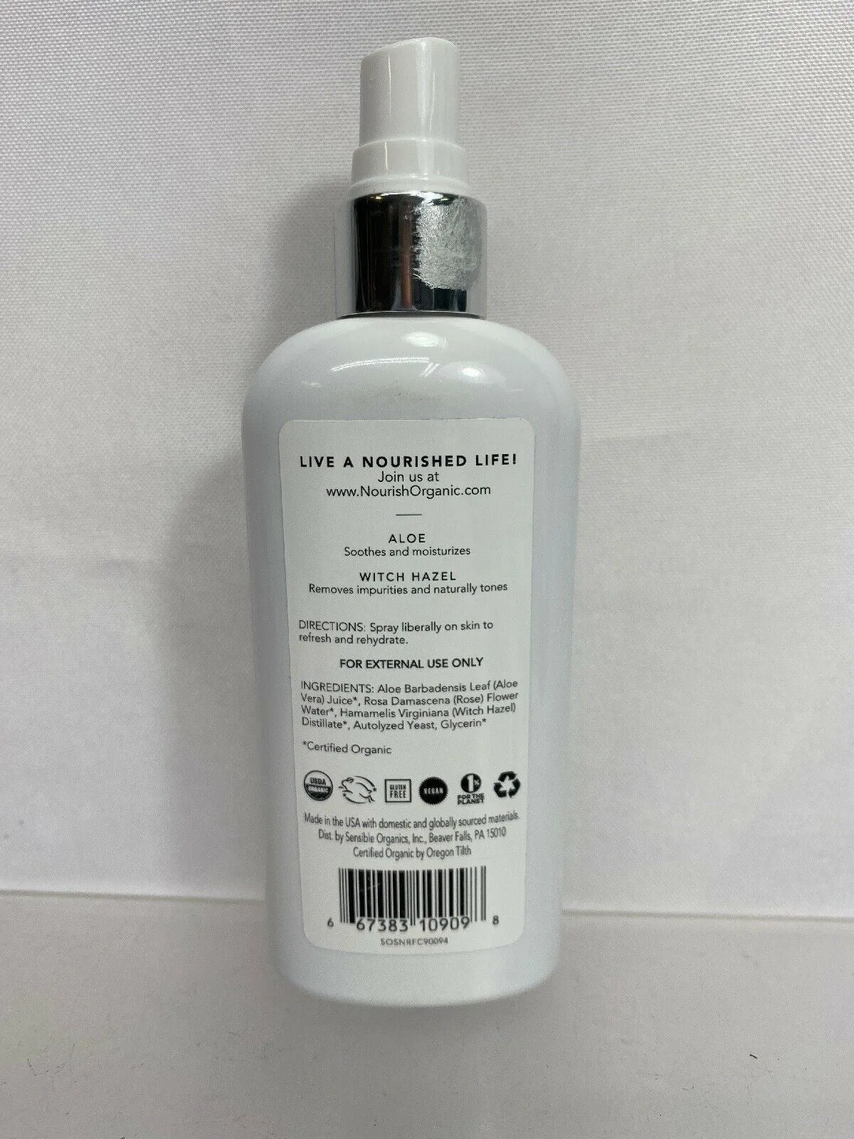 Nourish Organic Face Toner Refreshing Balancing Rosewater Witch Hazel - 3 oz