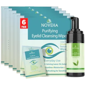 NOVEHA Daily Care Saver Bundle – 6 Boxes Hypoallergenic Eyelid Wipes (360pcs)   Bonus Tea Tree Foaming Cleanser | Value Set for Everyday Eye & Skin Cleansing