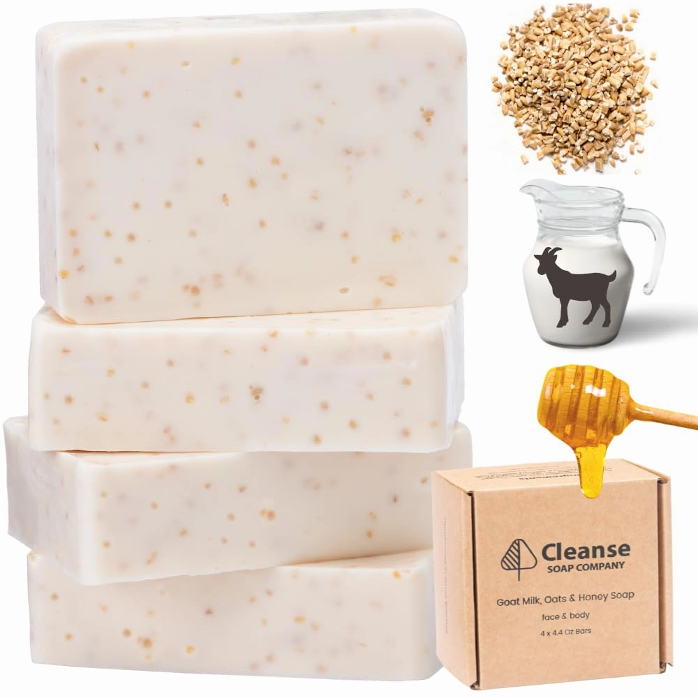 Oatmeal Soap Bars with Goat Milk for Dry, Itchy & Sensitive Skin – Unscented Oatmeal Bath Soak Alternative for Adults, Kids & Babies (4 Pack)