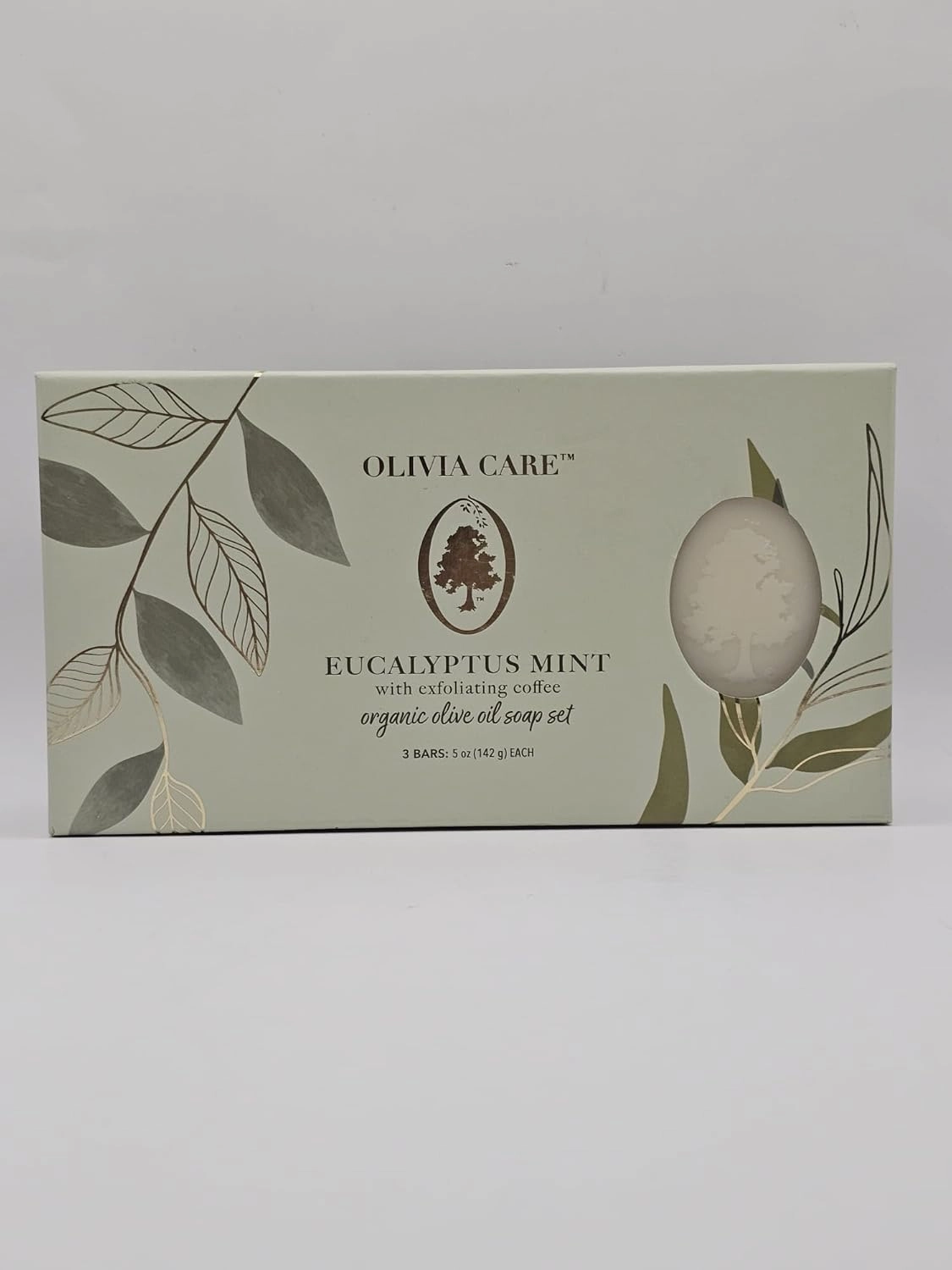 Olivia Care Eucalyptus Mint Organic Olive Oil Soap Set with Coffee, 5 Oz Bars, 3-Pack