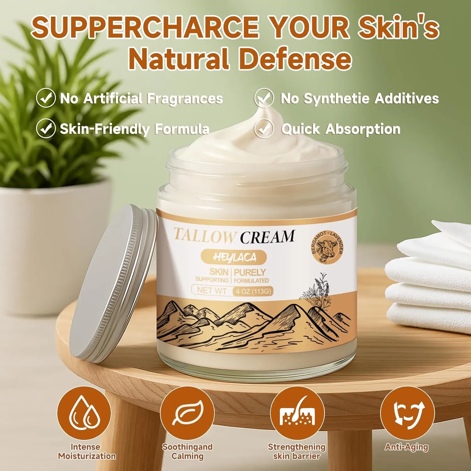 Organic Grass Fed Beef Tallow for Skin - Whipped Moisturizer for Skin   Face - Natural Body Lotion Cream Infused with Manuka Honey Beeswax Olive Oil(4 oz Bergamot Lavender)