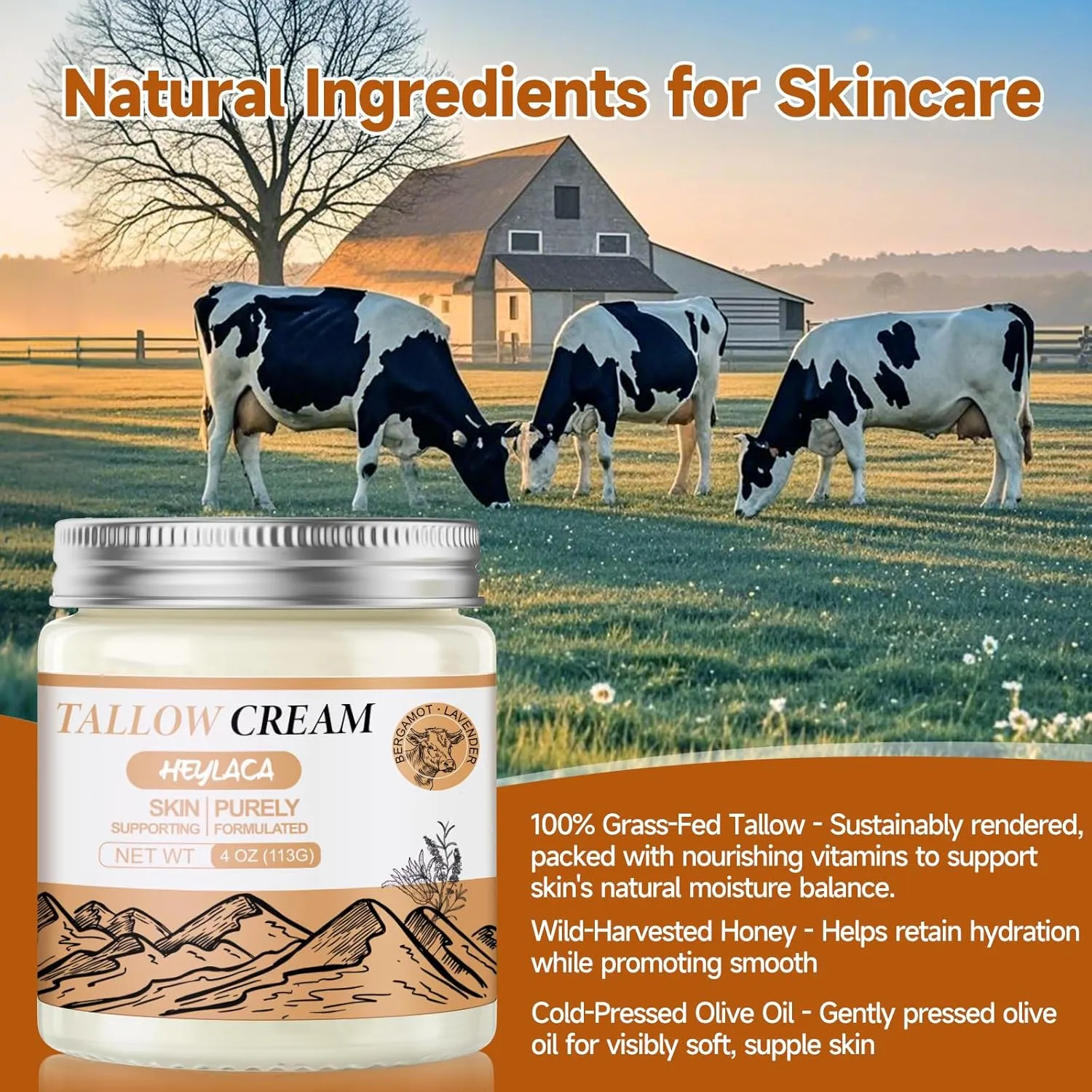 Organic Grass Fed Beef Tallow for Skin - Whipped Moisturizer for Skin   Face - Natural Body Lotion Cream Infused with Manuka Honey Beeswax Olive Oil(4 oz Bergamot Lavender)