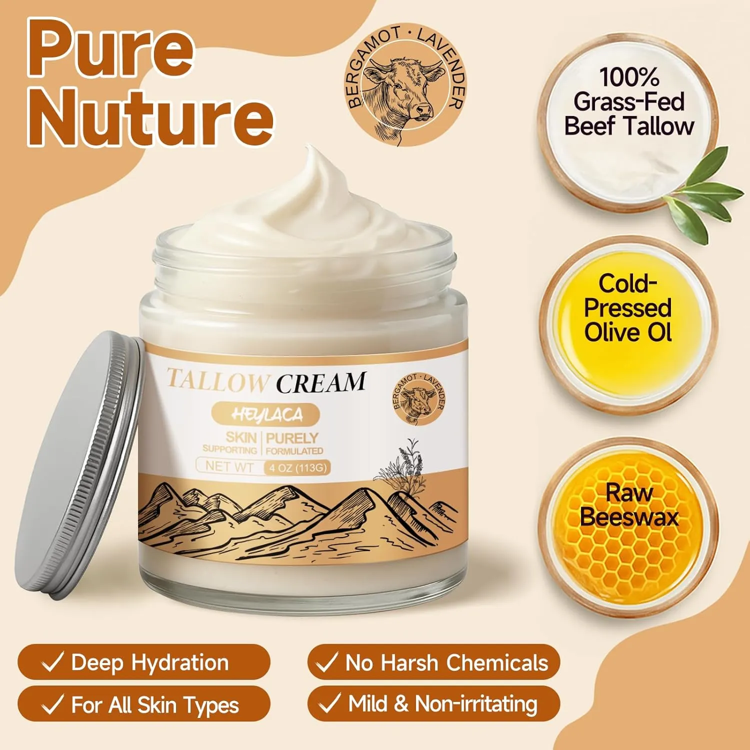 Organic Grass Fed Beef Tallow for Skin - Whipped Moisturizer for Skin   Face - Natural Body Lotion Cream Infused with Manuka Honey Beeswax Olive Oil(4 oz Bergamot Lavender)