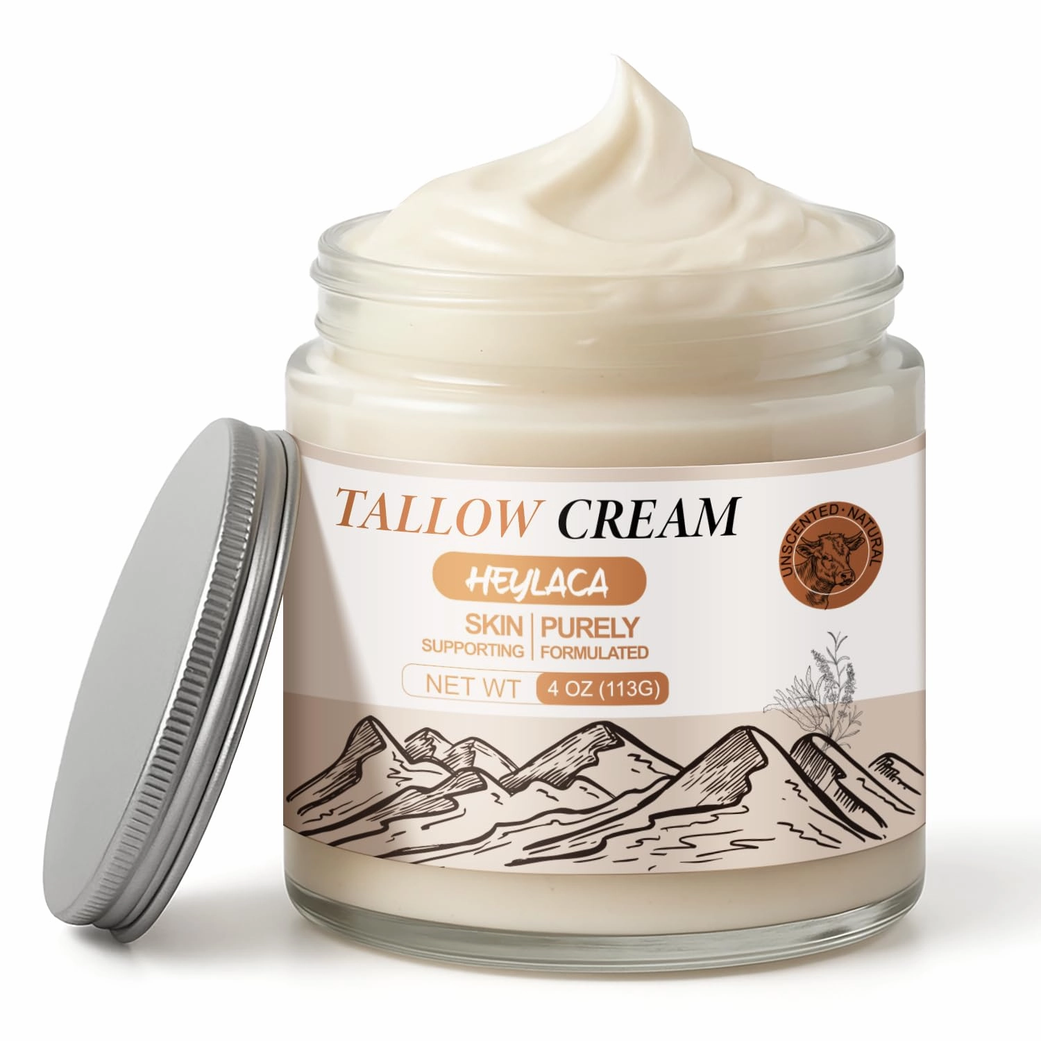 Organic Grass Fed Beef Tallow for Skin - Whipped Moisturizer for Skin   Face - Natural Body Lotion Cream Infused with Manuka Honey Beeswax Olive Oil(4 oz Unscented)