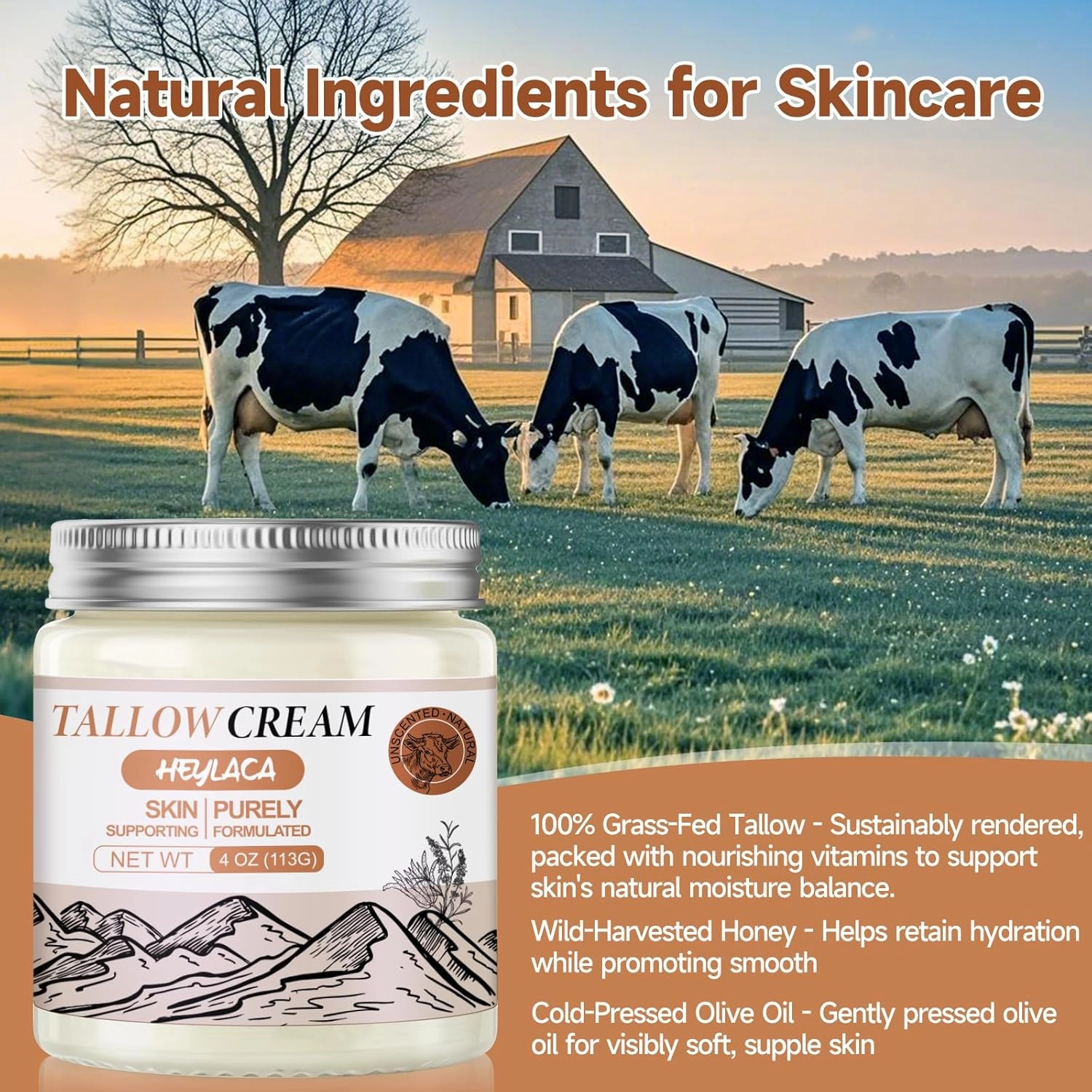 Organic Grass Fed Beef Tallow for Skin - Whipped Moisturizer for Skin   Face - Natural Body Lotion Cream Infused with Manuka Honey Beeswax Olive Oil(4 oz Unscented)