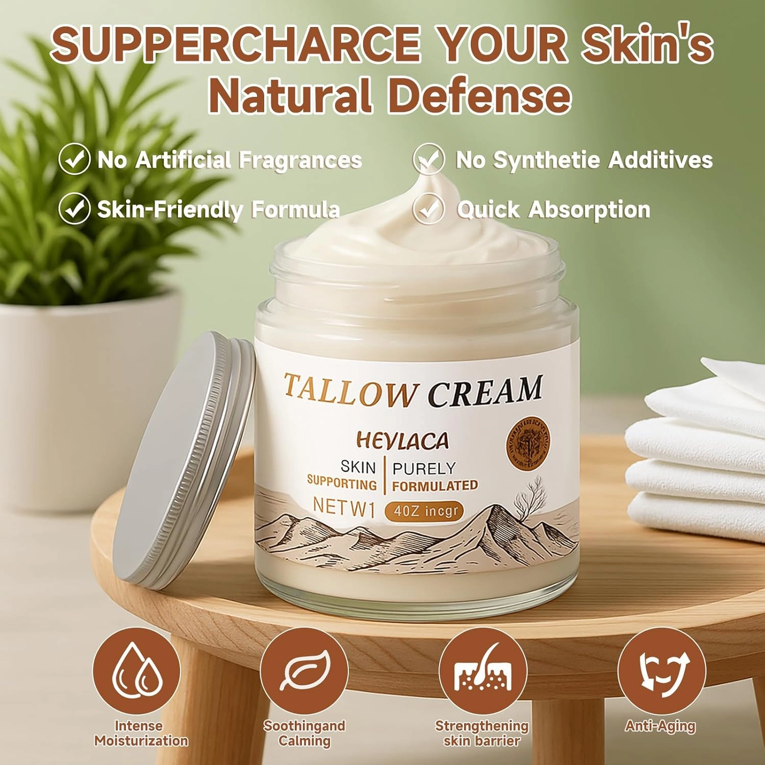 Organic Grass Fed Beef Tallow for Skin - Whipped Moisturizer for Skin   Face - Natural Body Lotion Cream Infused with Manuka Honey Beeswax Olive Oil(4 oz Unscented)