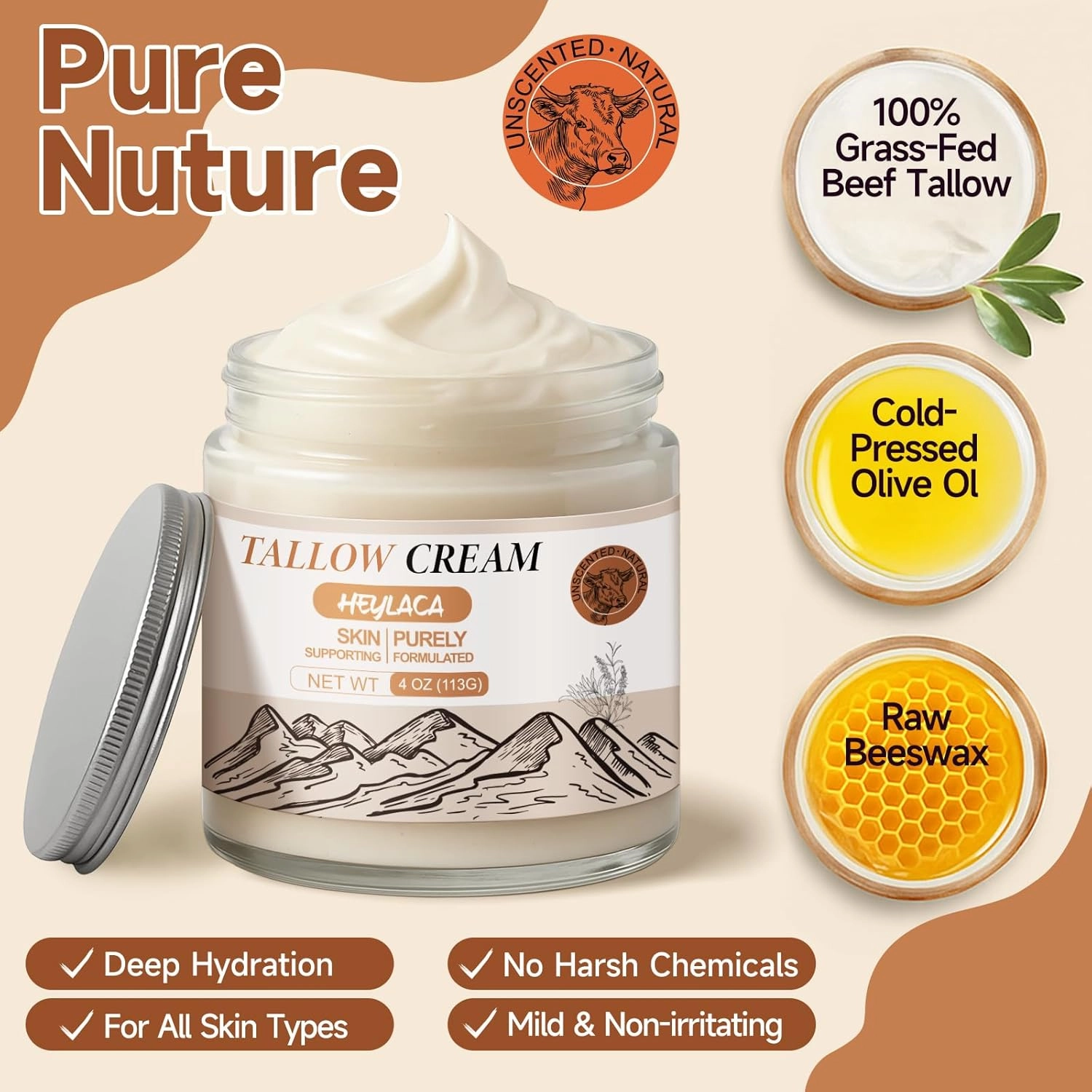 Organic Grass Fed Beef Tallow for Skin - Whipped Moisturizer for Skin   Face - Natural Body Lotion Cream Infused with Manuka Honey Beeswax Olive Oil(4 oz Unscented)
