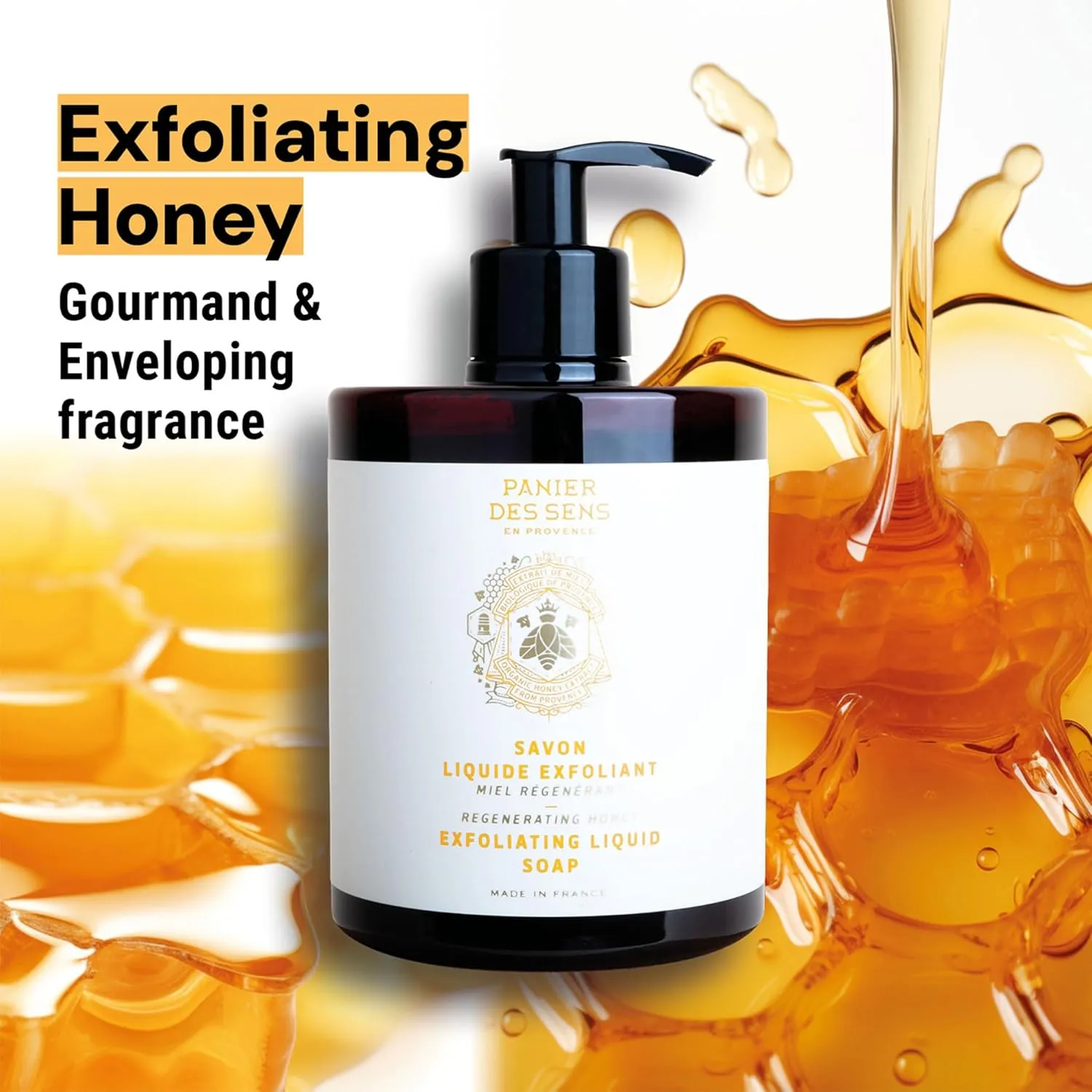 Panier des Sens - Liquid Hand Soap – Honey Exfoliating Hand Wash - French Marseille Moisturizing Soap with Coconut Oil - Refillable Kitchen & Bathroom Hand Soap - 97% Natural Ingredients -16.9 Fl.oz