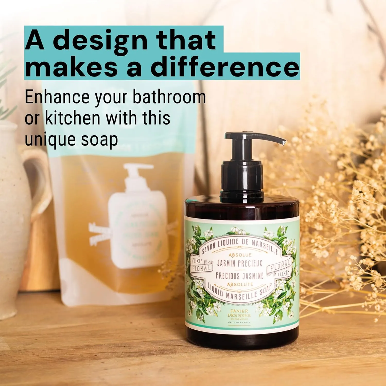 Panier des Sens - Liquid Hand Soap - Jasmine Hand Wash - French Marseille Moisturizing Hand Soap with Coconut Oil - Refillable Kitchen & Bathroom Hand Soap - 96% Natural Ingredients -16.9 Fl.oz
