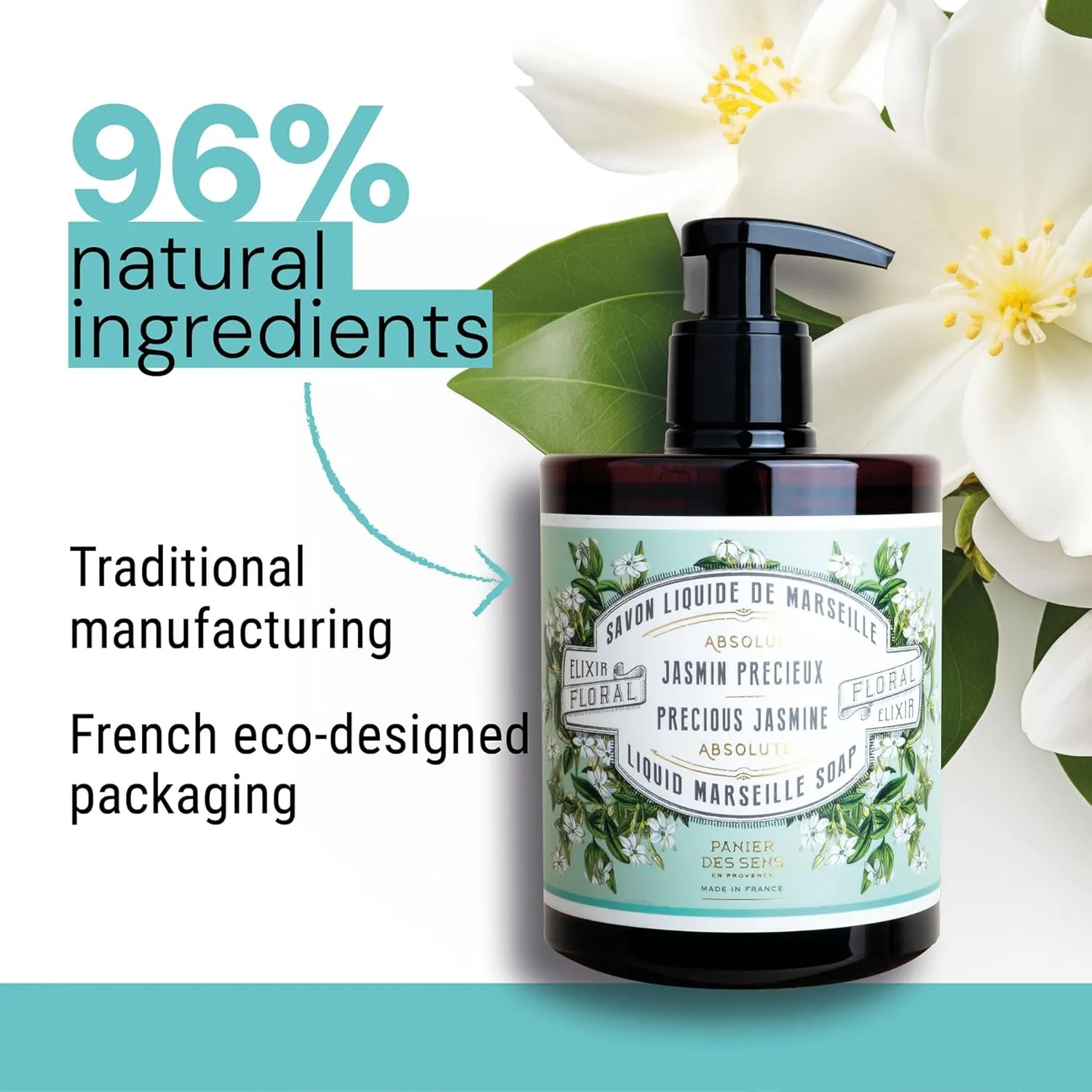 Panier des Sens - Liquid Hand Soap - Jasmine Hand Wash - French Marseille Moisturizing Hand Soap with Coconut Oil - Refillable Kitchen & Bathroom Hand Soap - 96% Natural Ingredients -16.9 Fl.oz