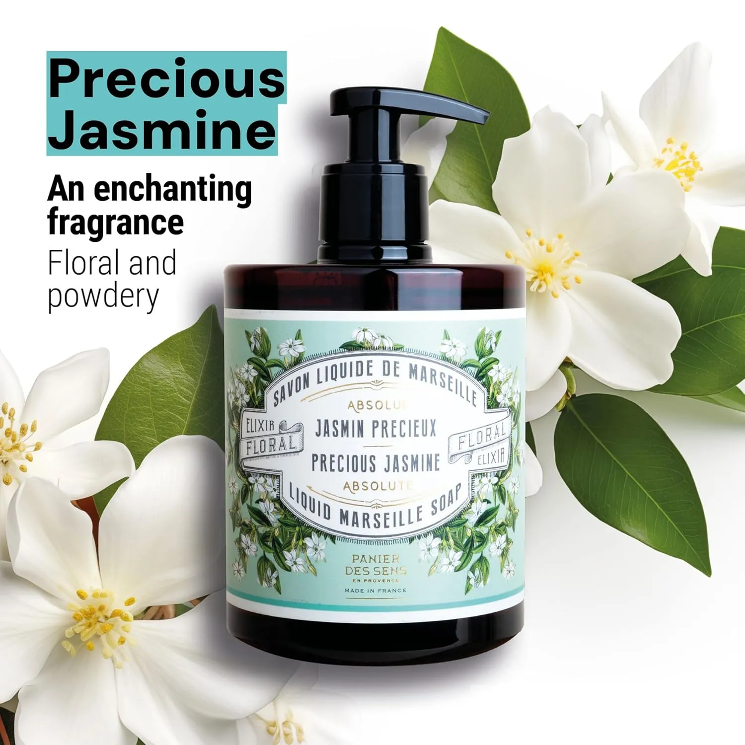 Panier des Sens - Liquid Hand Soap - Jasmine Hand Wash - French Marseille Moisturizing Hand Soap with Coconut Oil - Refillable Kitchen & Bathroom Hand Soap - 96% Natural Ingredients -16.9 Fl.oz