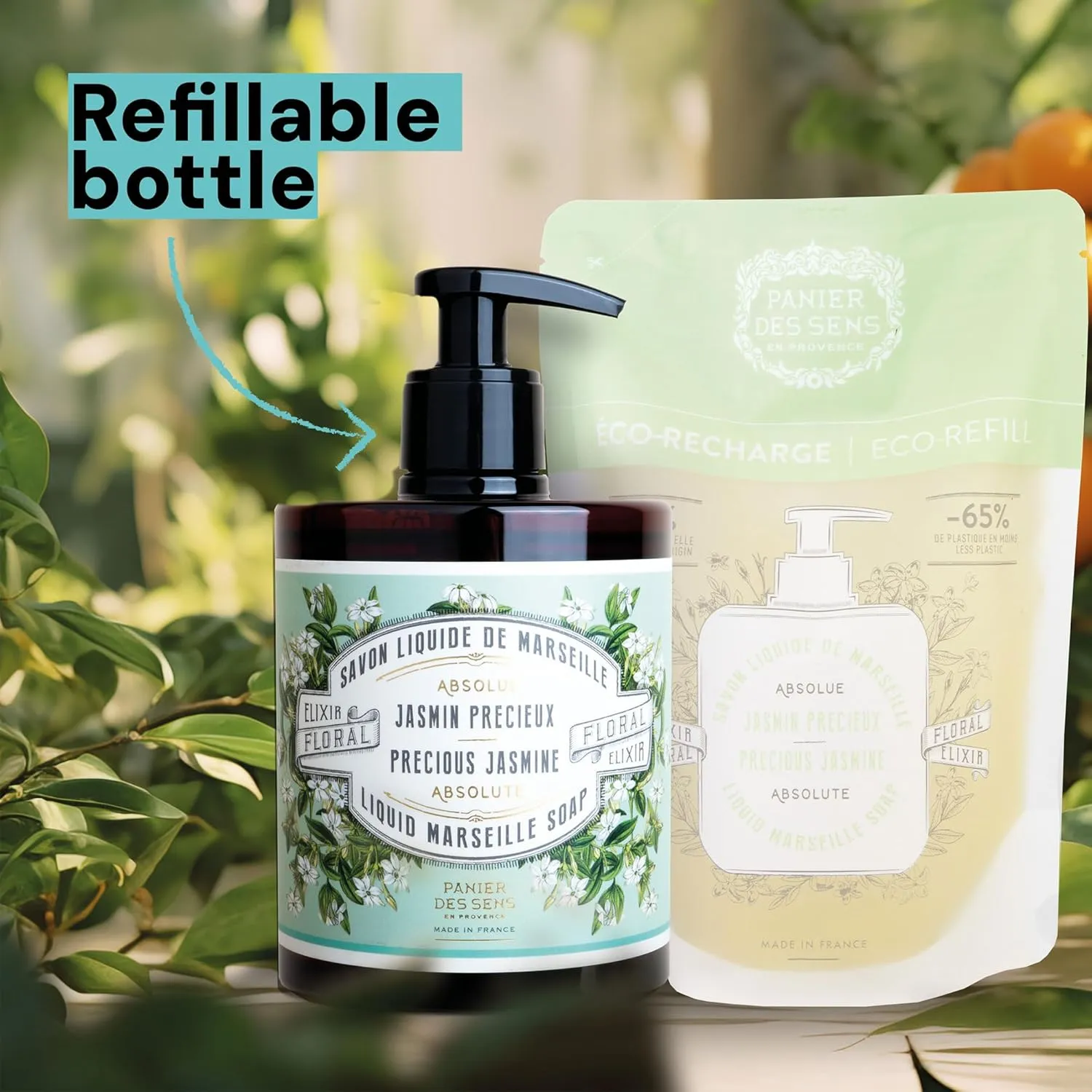 Panier des Sens - Liquid Hand Soap - Jasmine Hand Wash - French Marseille Moisturizing Hand Soap with Coconut Oil - Refillable Kitchen & Bathroom Hand Soap - 96% Natural Ingredients -16.9 Fl.oz