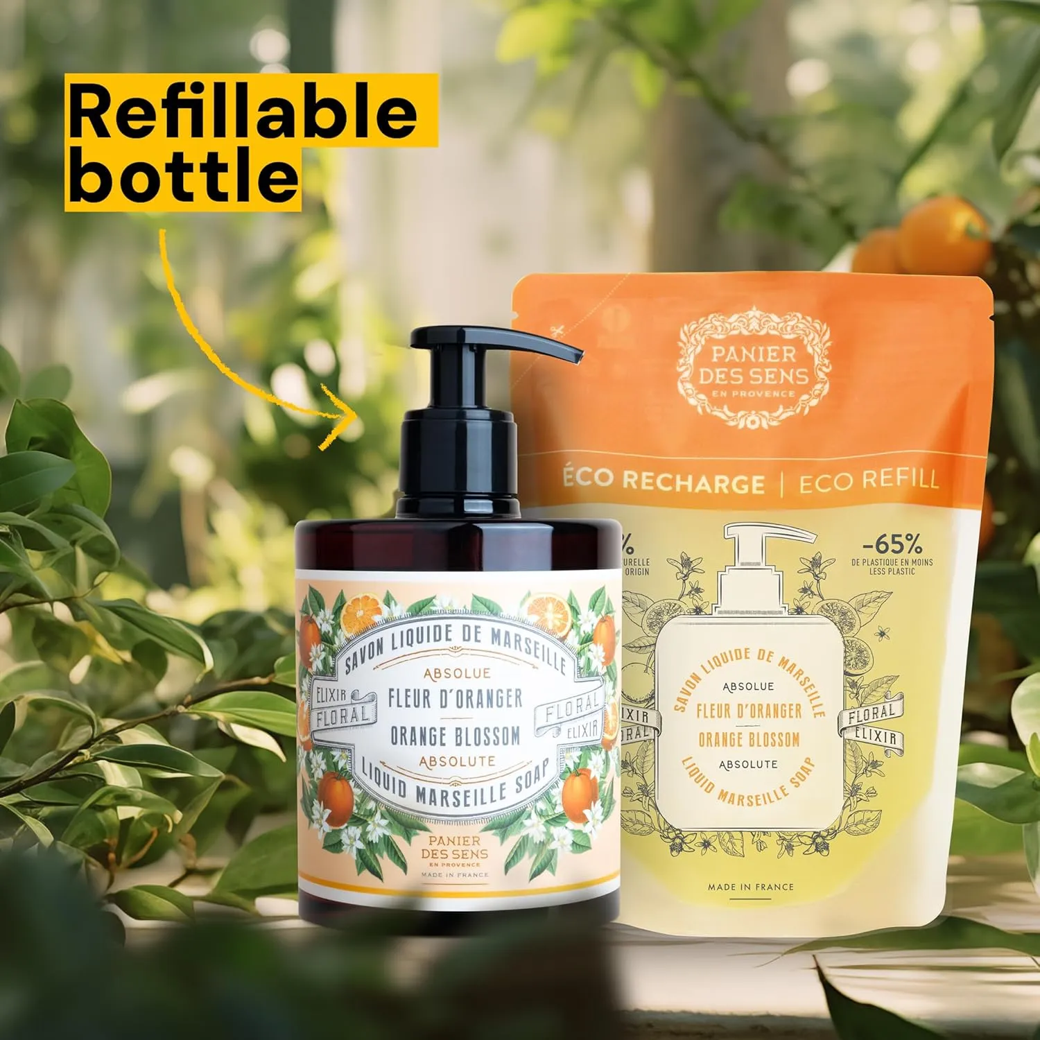 Panier des Sens - Moisturizing Hand Soap - Orange Blossom Gourmand Fragrance - French Traditional Savon de Marseille Soap - Refillable Kitchen & Bathroom Soap - 16.9 Fl.oz Liquid Hand Wash 96% Natural