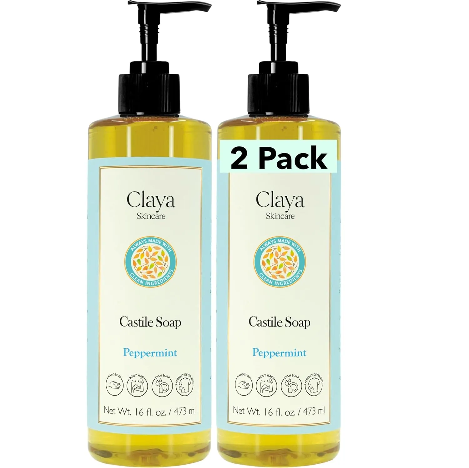 Peppermint Liquid Castile Soap – Organic Ingredients, Biodegradable, Refreshing and Cooling, Gentle for Skin and Multi-Purpose (2 Pack of 16 fl oz (Pump Cap))