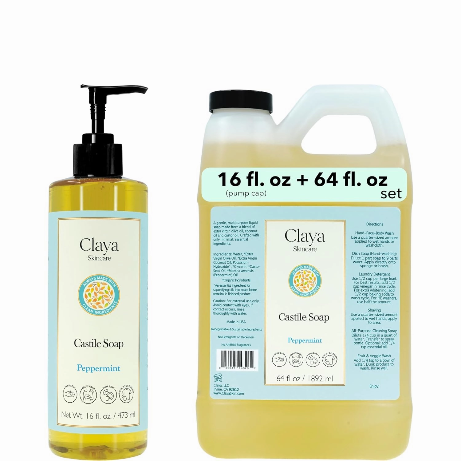 Peppermint Liquid Castile Soap – Organic Ingredients, Biodegradable, Refreshing and Cooling, Gentle for Skin and Multi-Purpose (16 fl oz (Pump Cap) and 64 fl oz)