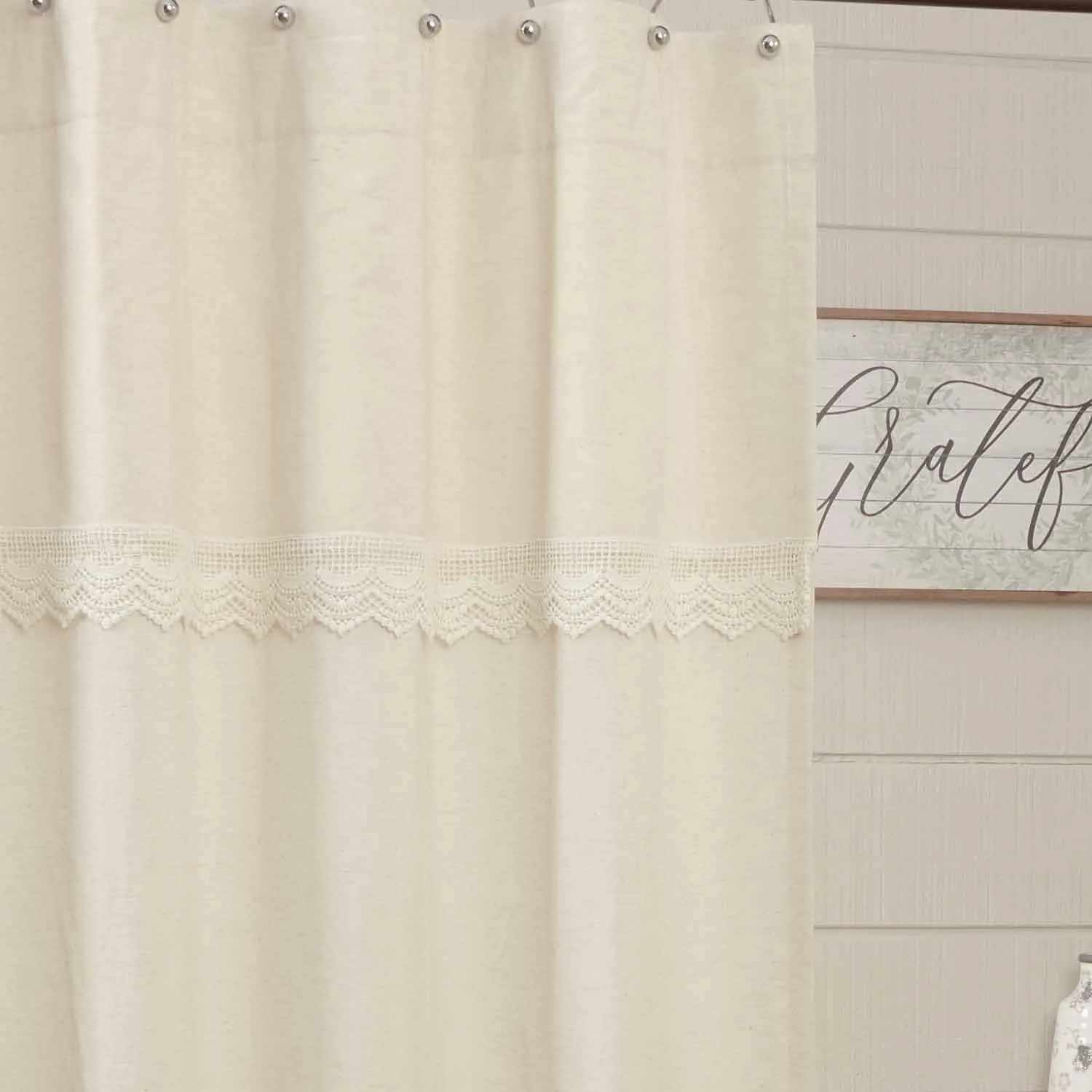 Piper Classics Flax and Lace Shower Curtain, 72" x 72", Natural Cream Bath Accent w/Crochet Lace Trim and Valance Top, Vintage Farmhouse, Boho Bathroom