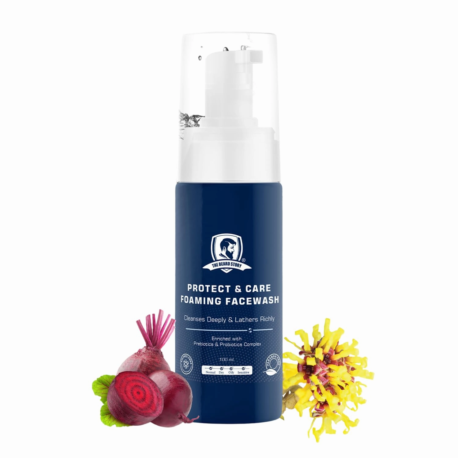 Protect & Care Foaming Facewash, 100ml Sulfate-Free Cleanser for Men Gentle Cleansing Oily Skin with Witch Hazel, Beetroot, & Probiotics Paraben Free