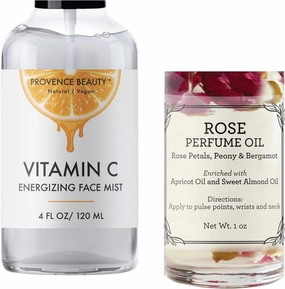 Provence Beauty Vitamin-C Face Mist and Setting Spray - Enhanced with Hyaluronic Acid, Aloe Vera and Rose Water & Rose Roll-On Perfume Body Oil