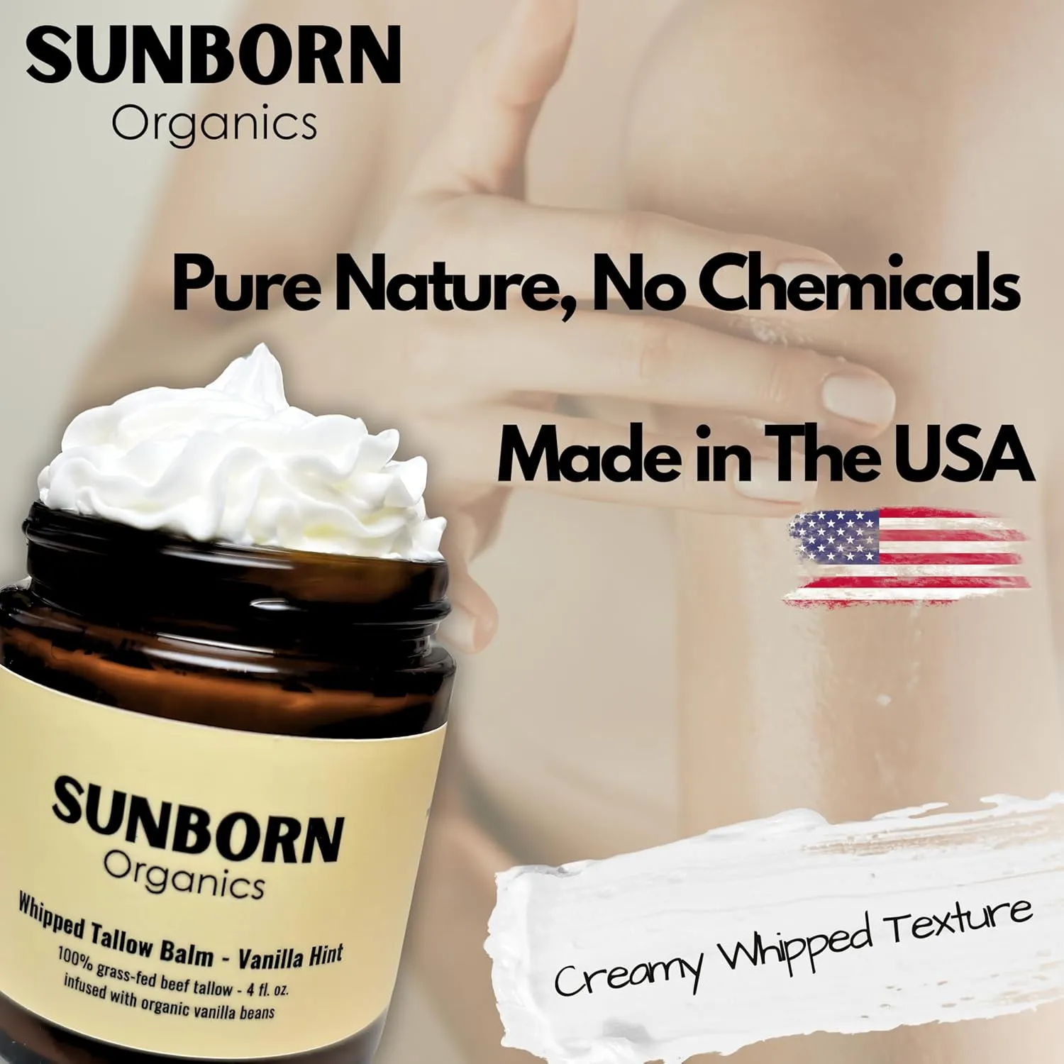 Pure Whipped Tallow Balm | 100% Organic Grass-Fed Beef Tallow Face Moisturizer & Lip Balm (4oz, Vanilla Hint)