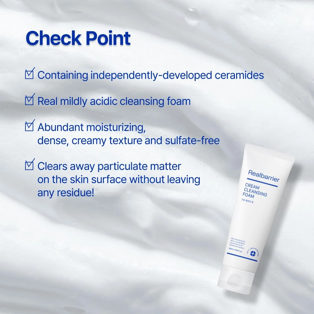 Real Barrier | Cream Cleansing Foam | Gentle Sulfate-Free Amino Acid | Moisturizing Korean Face Wash | Skin Barrier Face Cleanser with Ceramide | Foaming Acne Face Wash for Women | 7.43 fl oz (220ml)