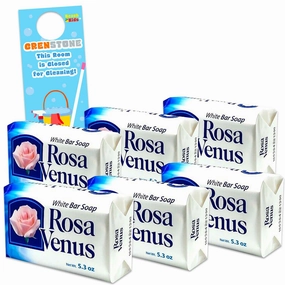 Rosa Venus White Bar Soap Bundle - 6 Pack Rosa Venus Jabon de Bano Blanco 5.3 oz Bars with Door Hanger | Gentle Foaming Bar Soap