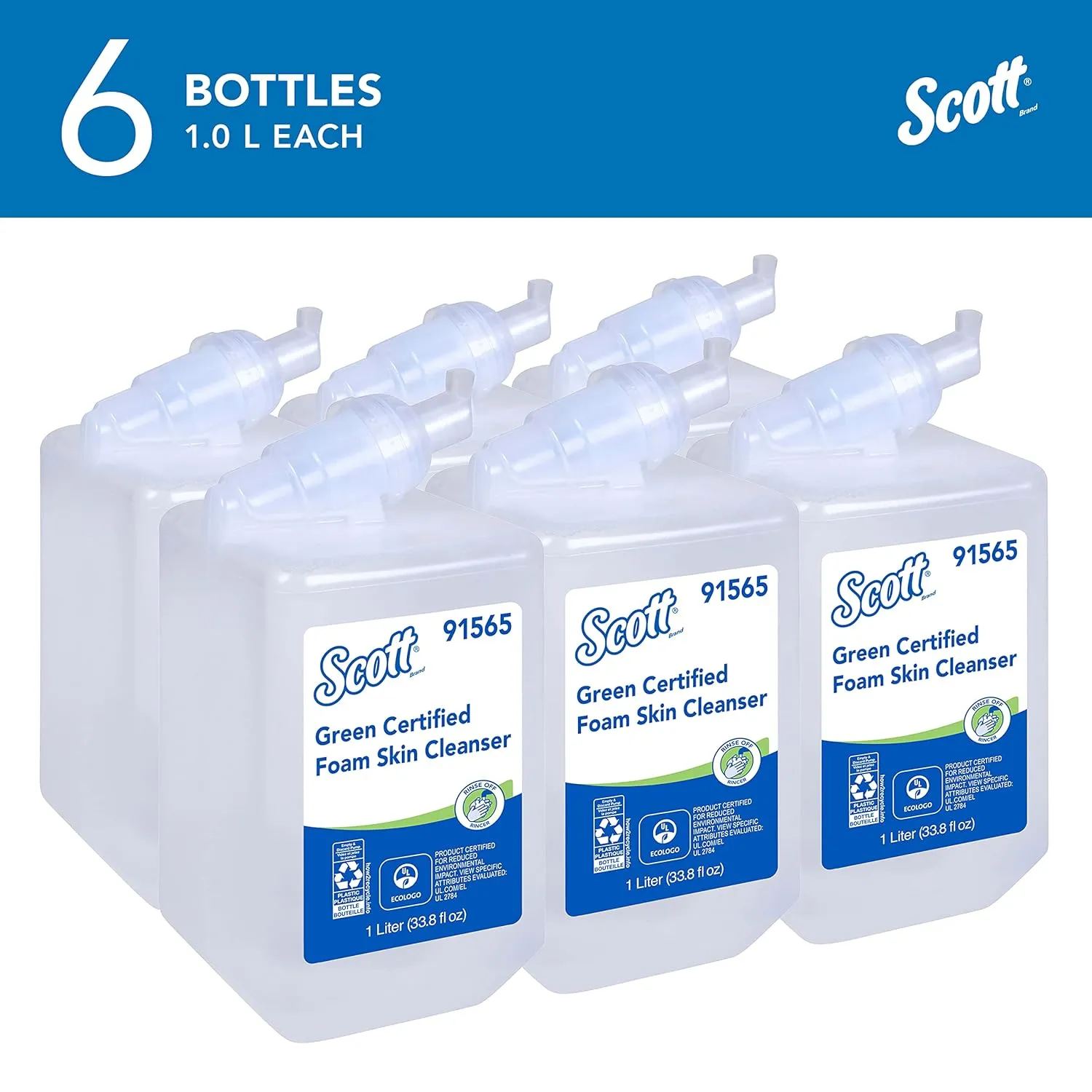 Scott Professional Green Certified Foam Hand Soap (91565), 1.0 L, Foaming, Clear, No Fragrance Added, Manual Refills, Ecologo, NSF E-1 Rated (6 Bottles)