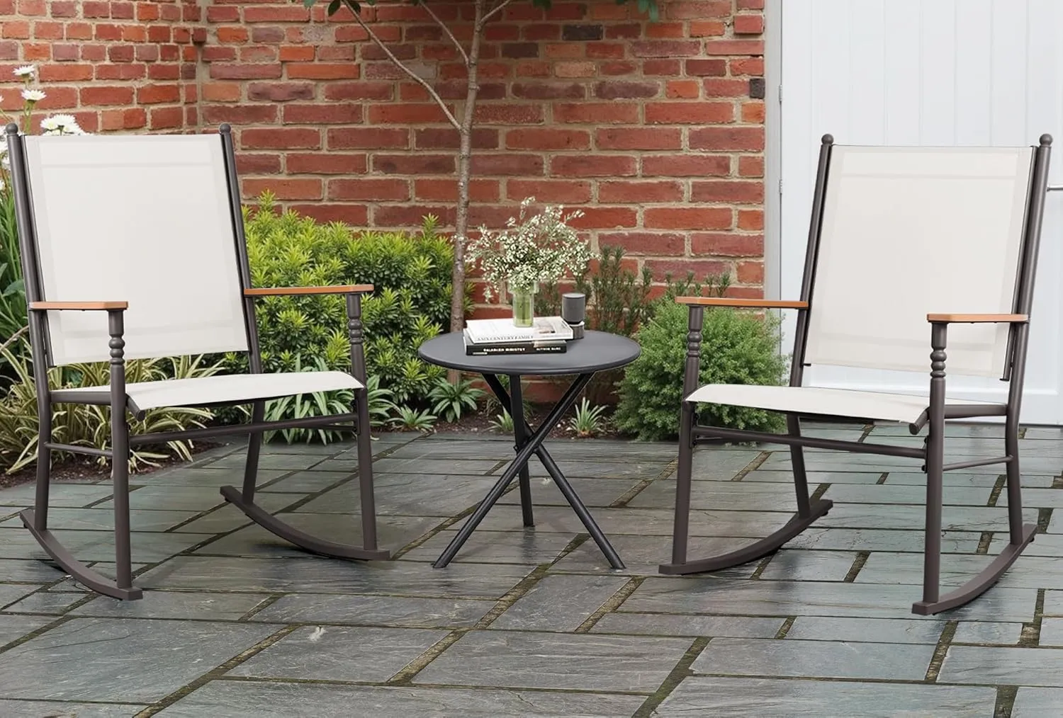 Shintenchi 2 Pieces Outdoor Rocking Chair Set,Upgraded Patio Set with High Back,Breathable Fabric Chairs Outdoor Textilene Rocking Chair for Patio, Garden, Balcony, Pool, Creamy White