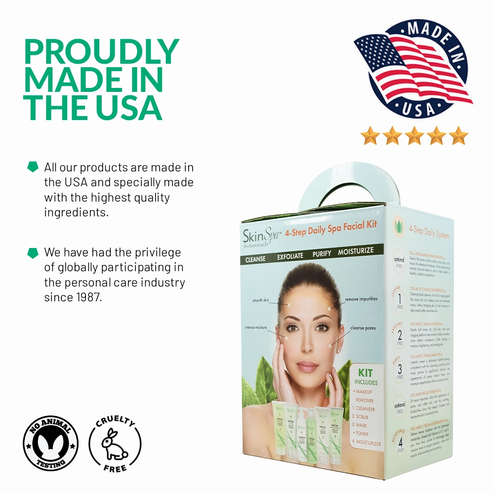 SKIN SPA - Skin Care Facial Cleanser Set, Daily Routine Kit, System, Infused with Aloe Vera - Face Wash Scrub, Cleanser, Toner, Makeup Remover, Clay Mask - 8 Oz