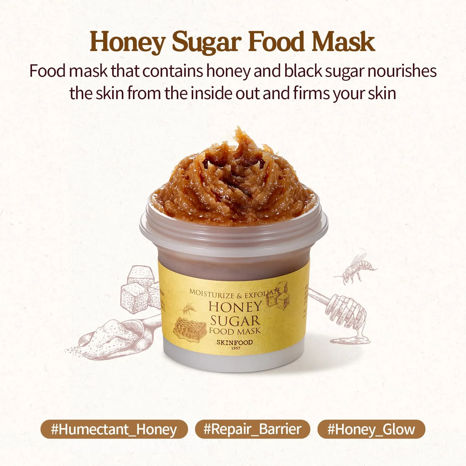 SKINFOOD Mask Honey Sugar 120g - Facial Pore Cleanser, Nourishing & Firming Skin Exfoliator - Wash Off Face Masks w/Melting Sugar for Healthy and Smooth Skin- Shower-Proof Texture (4.23 oz)
