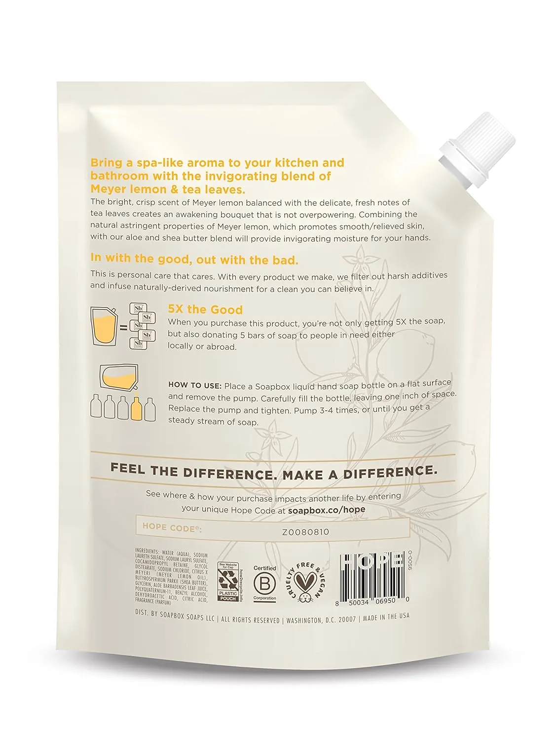 Soapbox Liquid Hand Soap Refill, Meyer Lemon & Tea Leaves, Gentle & Moisturizing Hand Wash for Kitchen and Bathroom, Vegan & Cruelty Free, 64oz Half Gallon Refill (Pack of 1)
